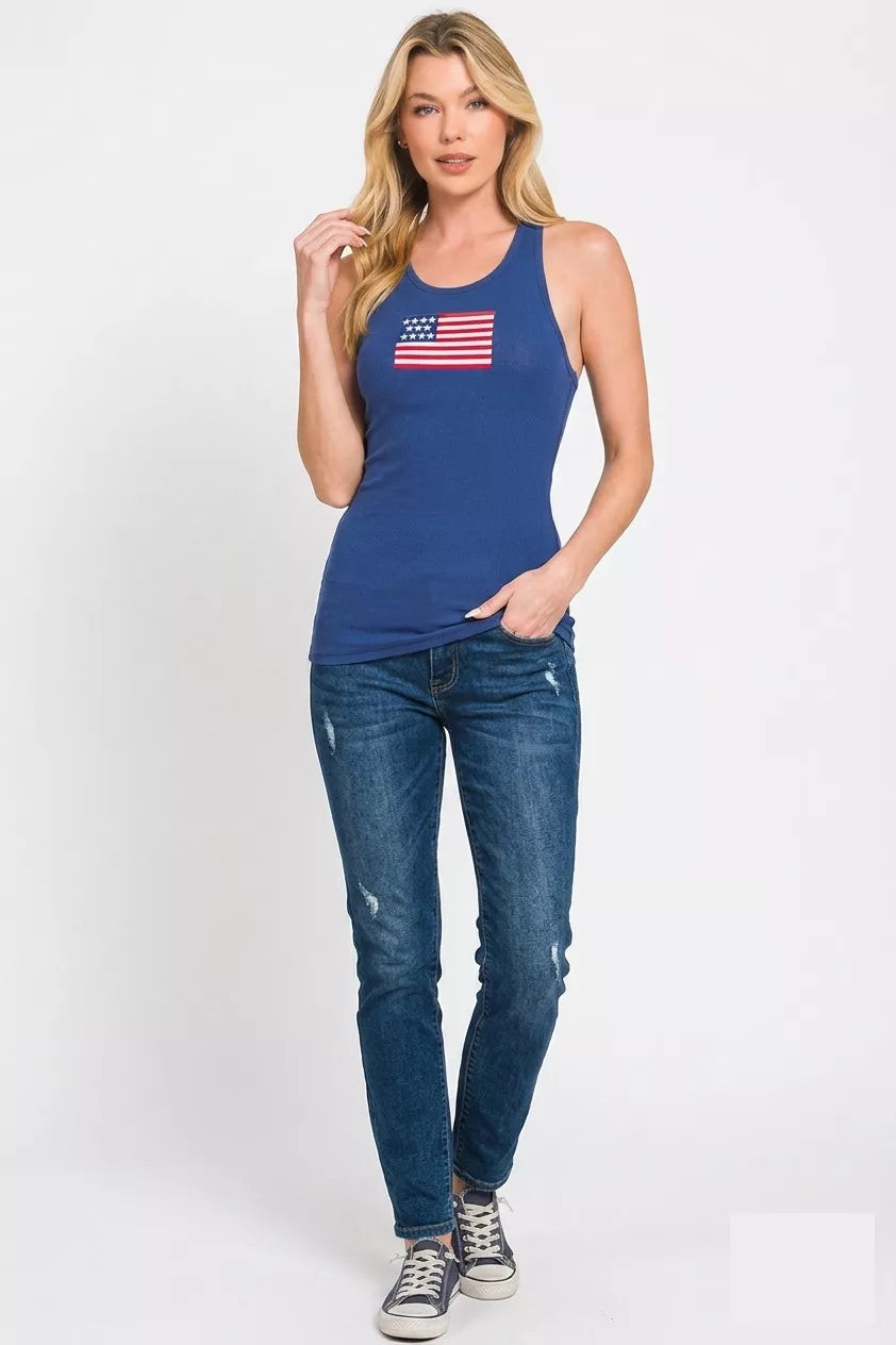 Zenana American Flag Embroidery Stretchy Ribbed Tank