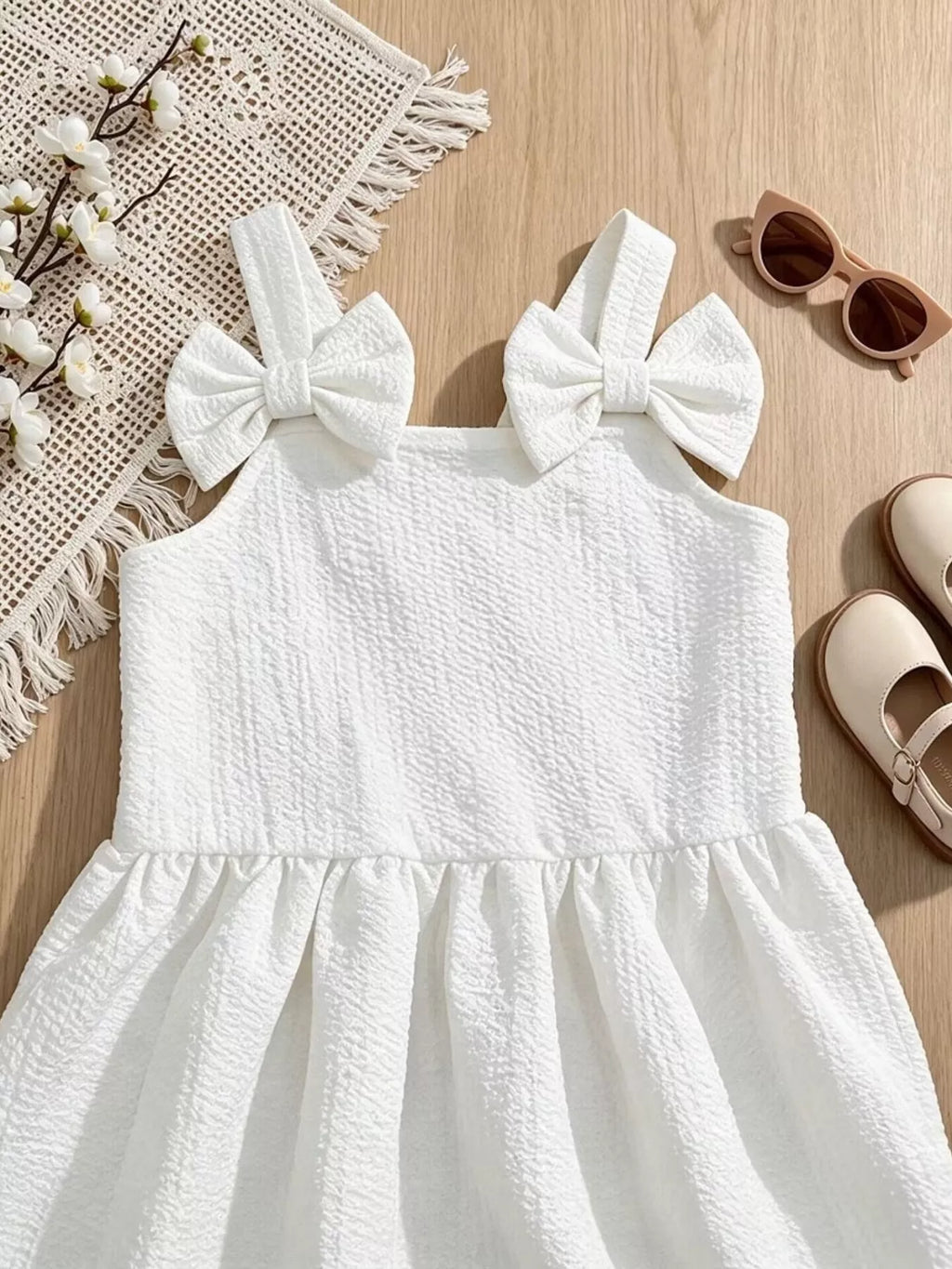 Children's Bowknot Decor Ruffle Hem Sleeveless Dress