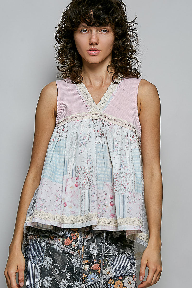 POL Floral V-Neck Sheer Tank with Lace Trim
