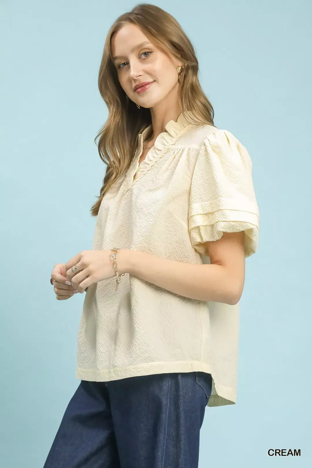 Umgee Textured Scallop Trim Puff Sleeve Blouse