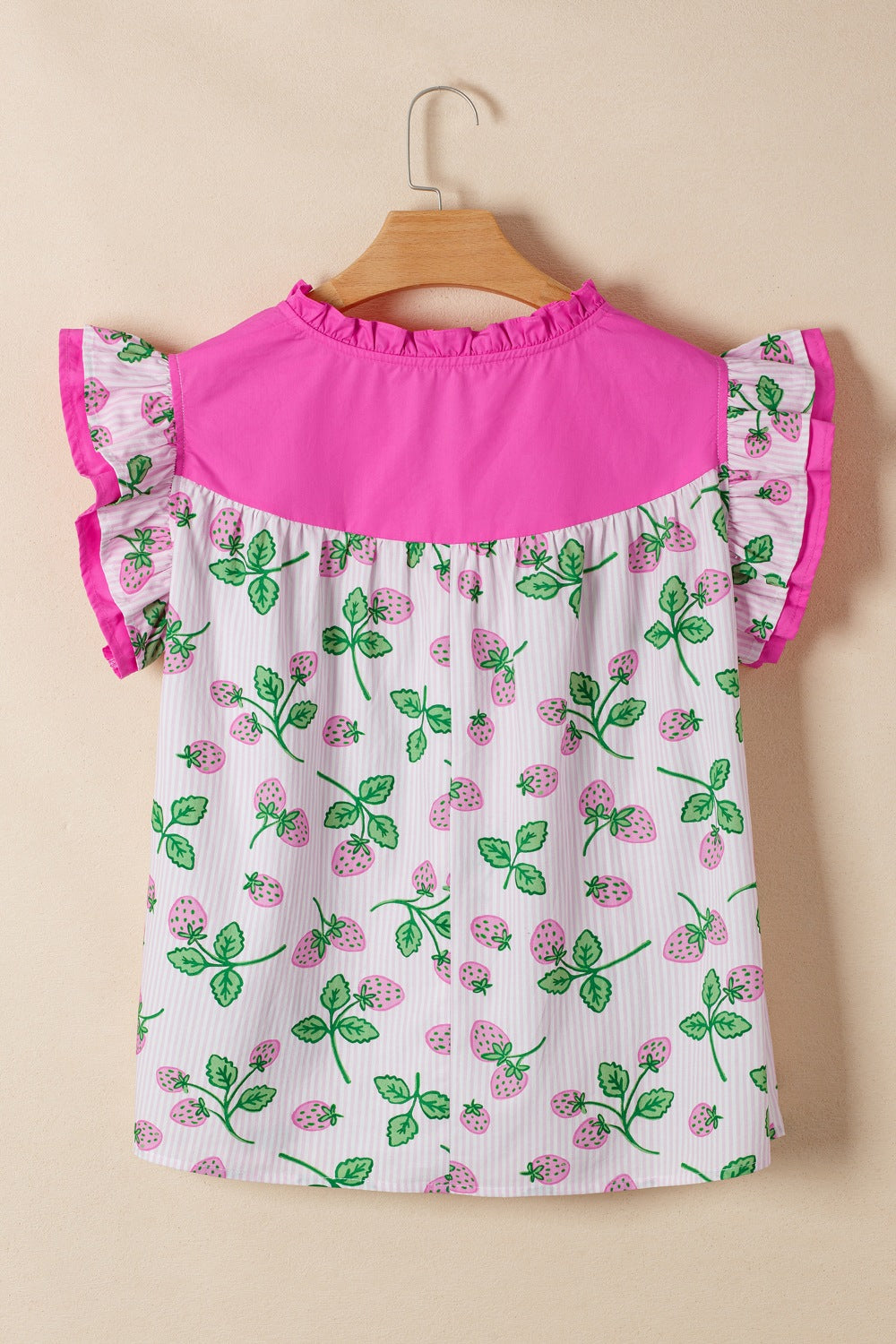 Striped Strawberry Printed Color Block Patchwork V Neck Flutter Sleeve Blouse