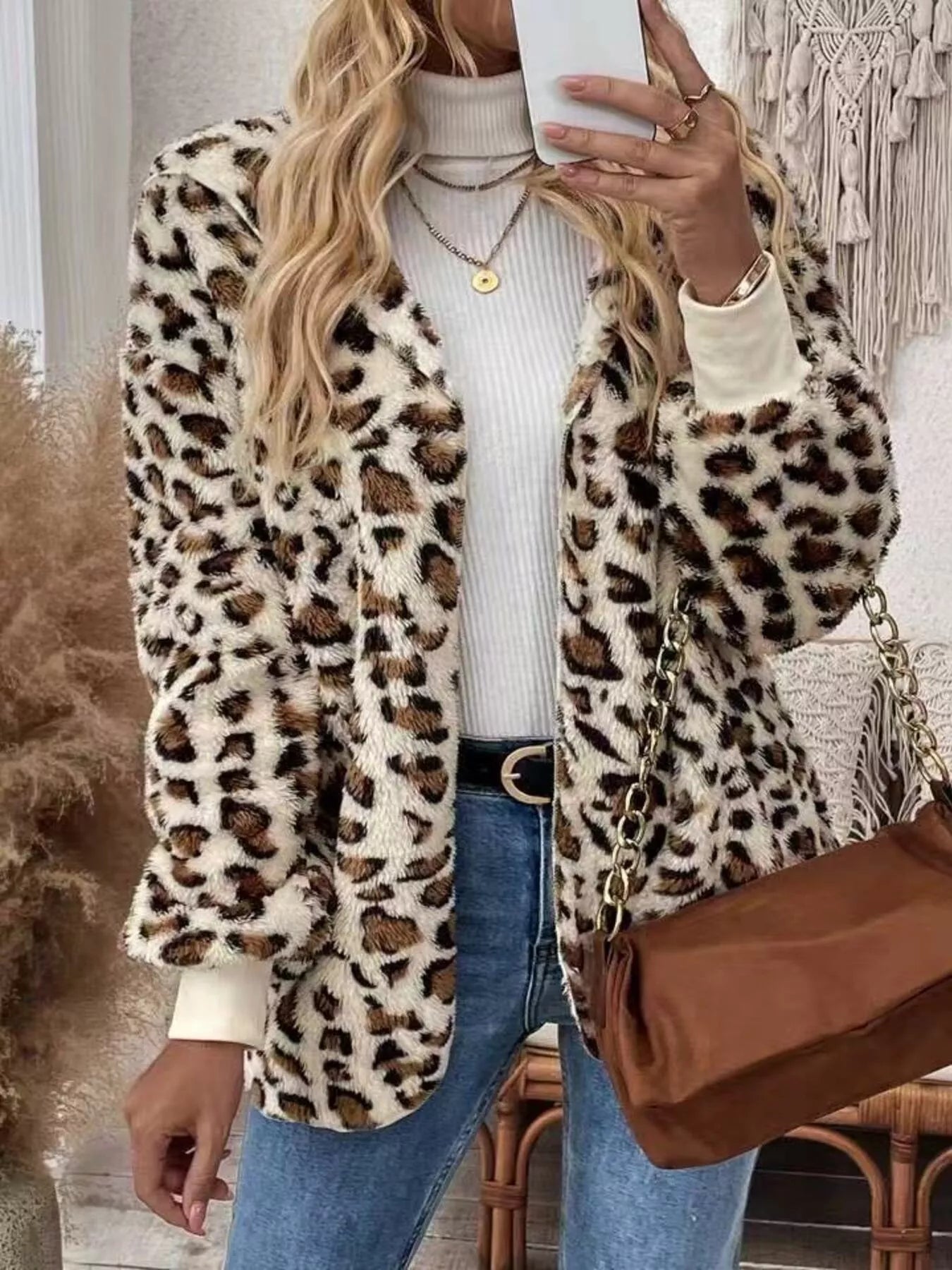 Leopard Print Fuzzy Zip Up Outerwear