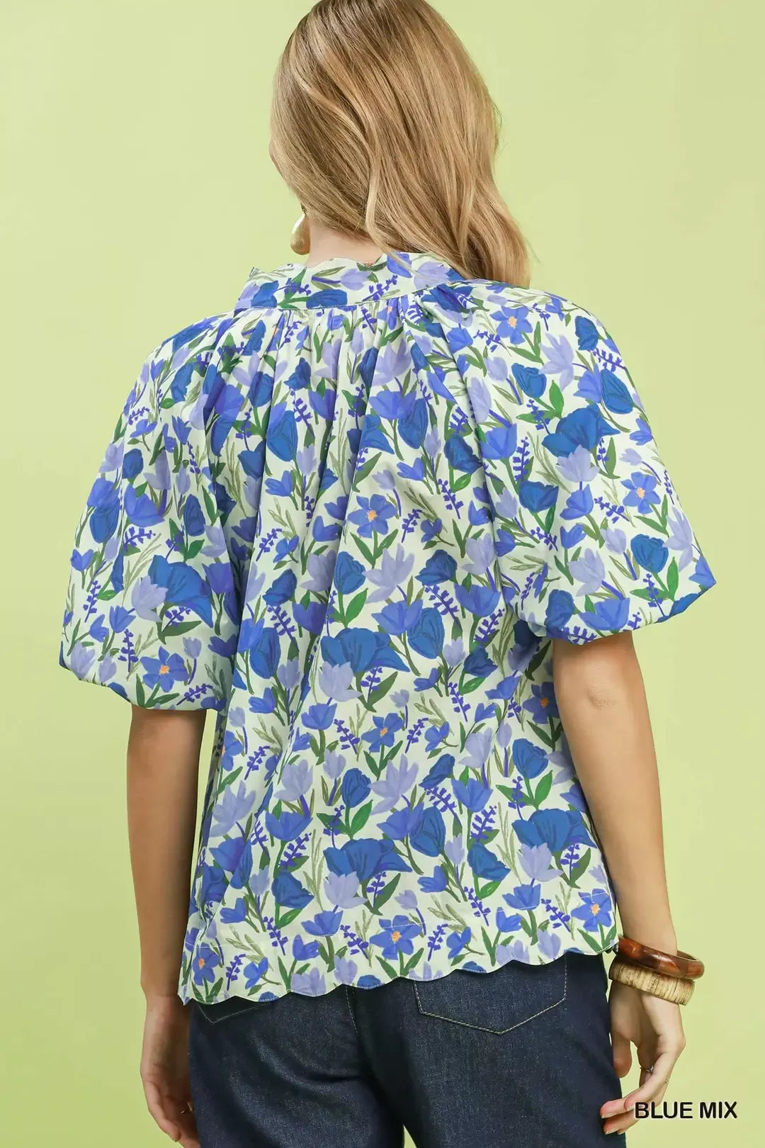 Umgee Floral Puff Sleeve Blouse with Scalloped Details