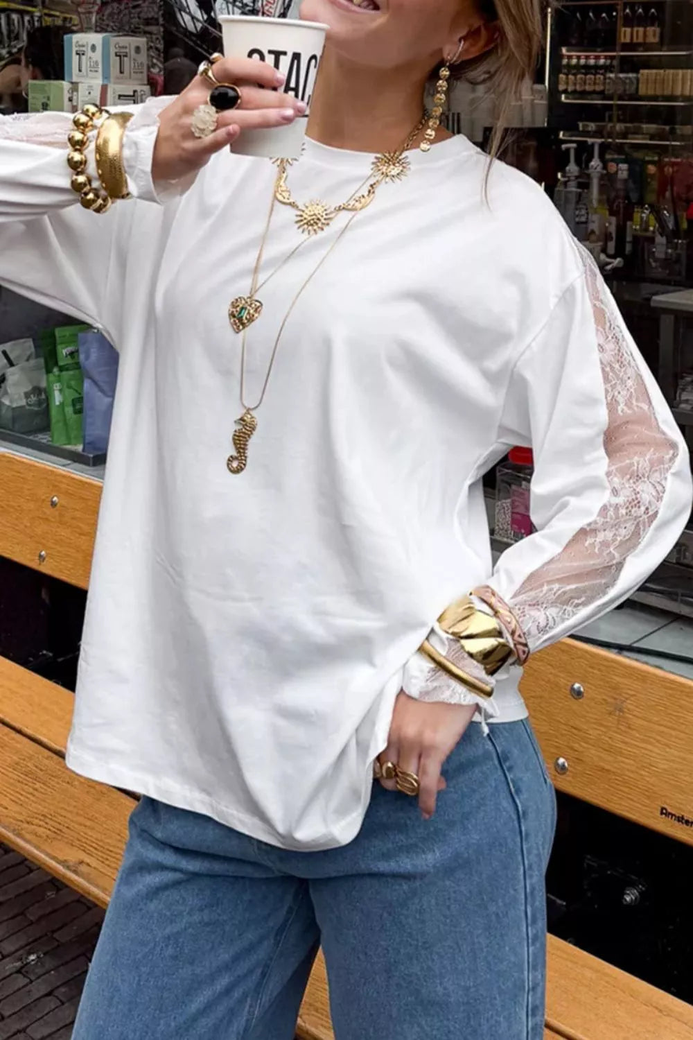 Lace Patchwork Round Neck Long Sleeve Top