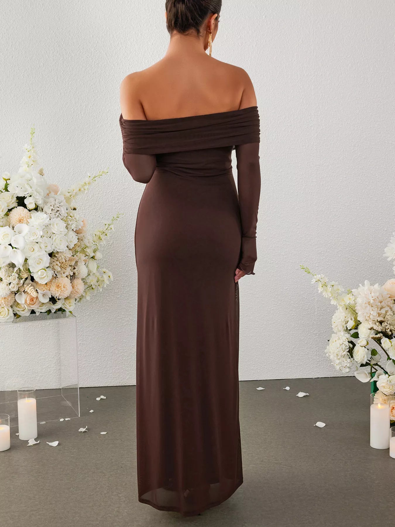 Off-Shoulder Ruched Long Sleeve Maxi Dress