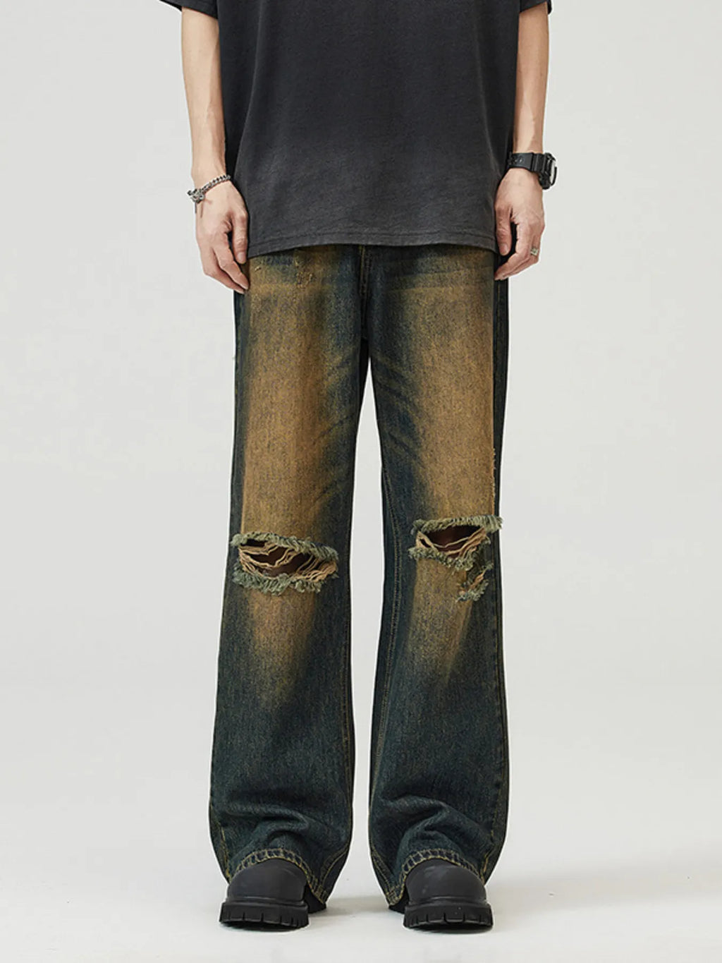 Men's Full Size Washed Distressed Wide Leg Jeans Plus Size