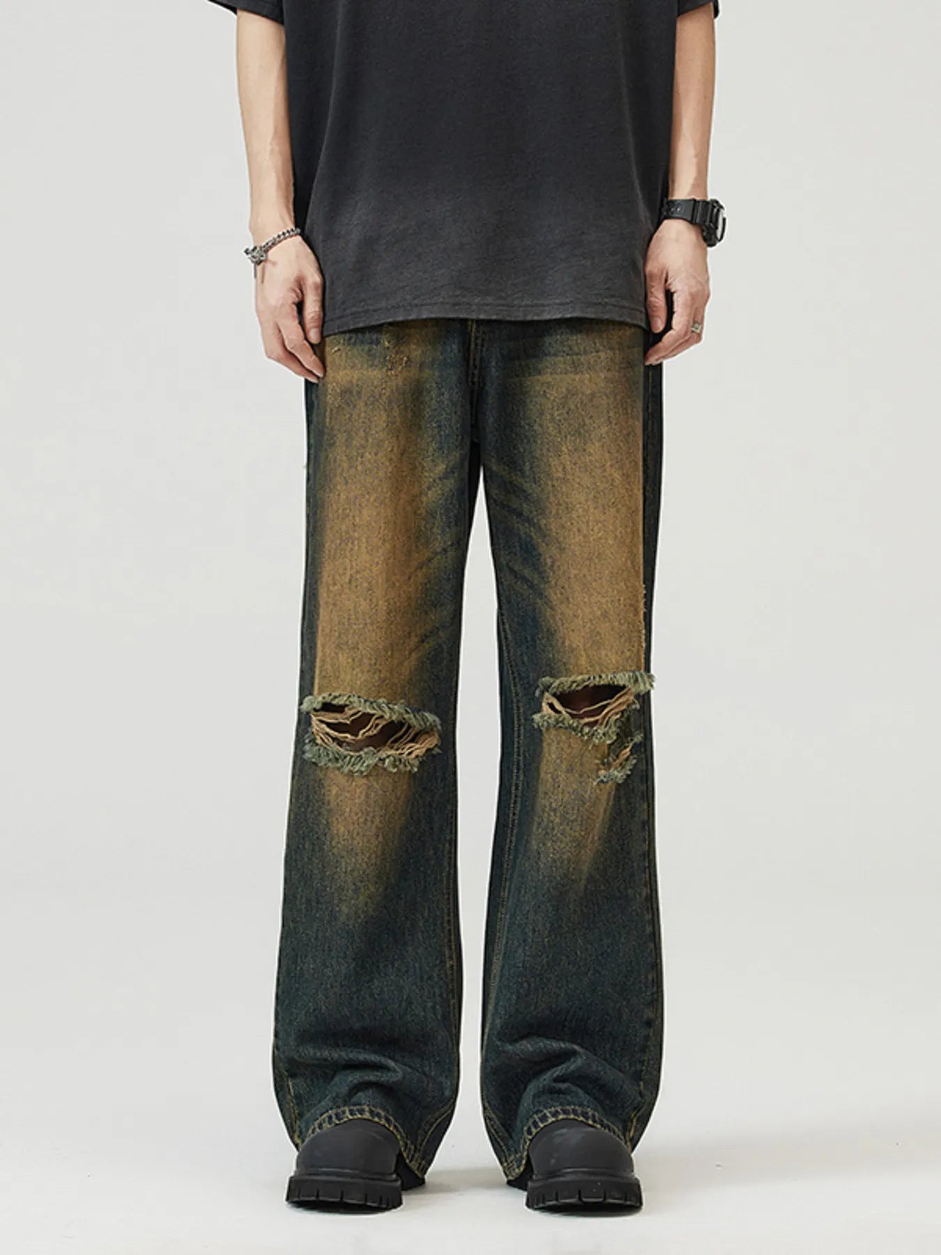 Men's Full Size Washed Distressed Wide Leg Jeans Plus Size