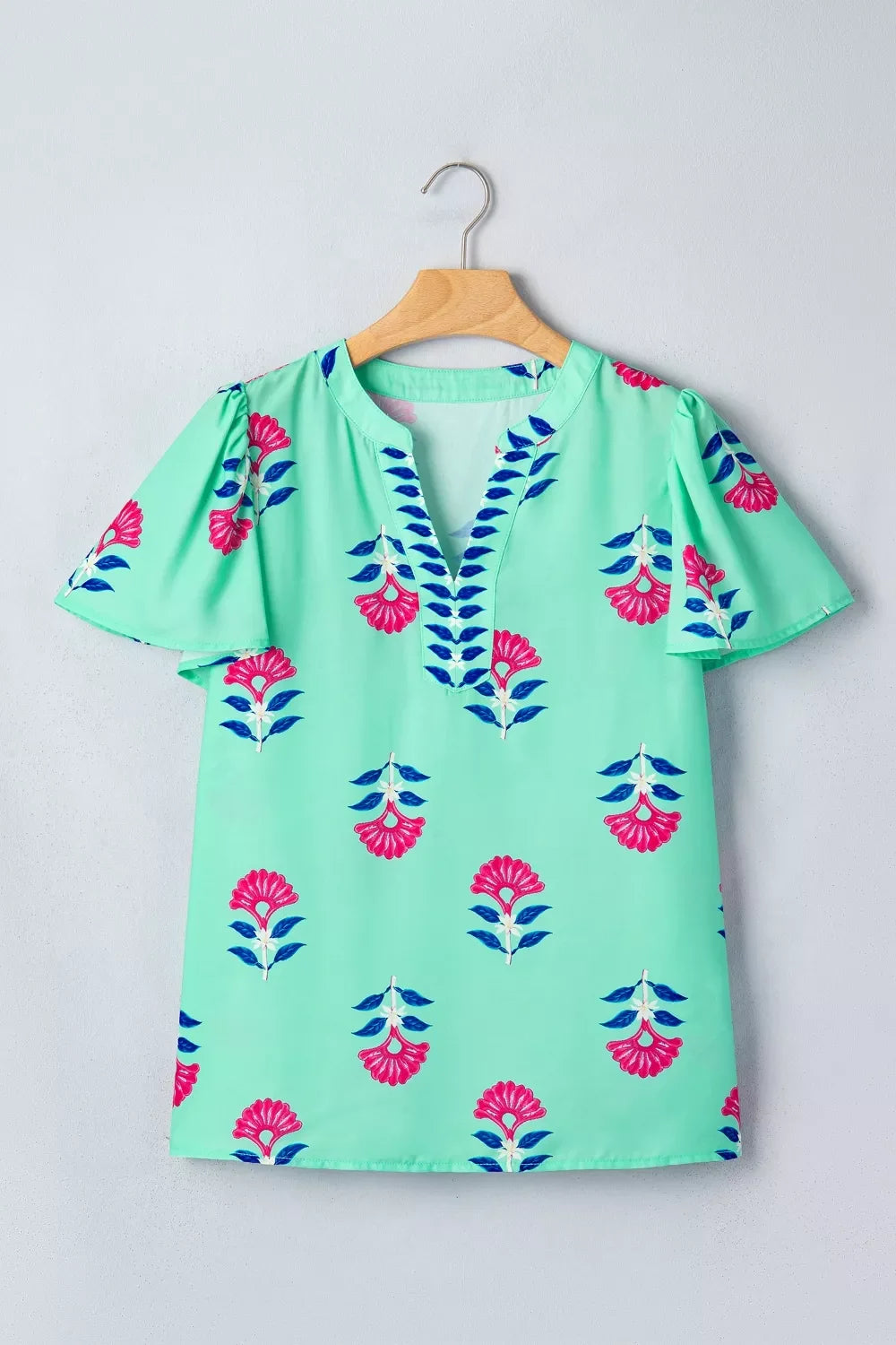Floral V Neck Flutter Sleeve Blouse