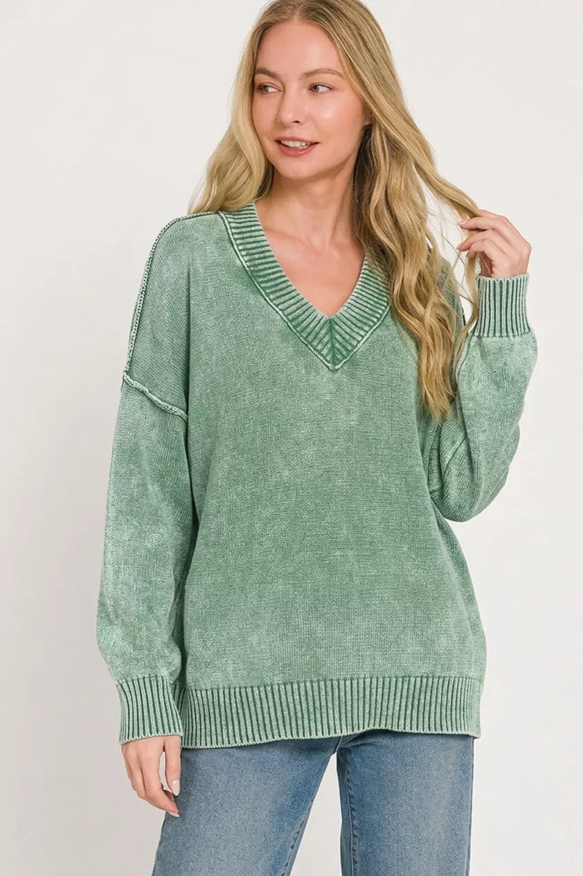 Zenana Washed Deep V-neck Oversized Sweater