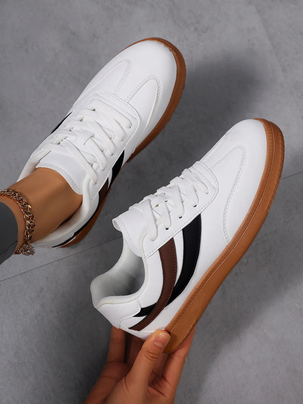 Lace Up Flat Sneakers with Stripe Accent