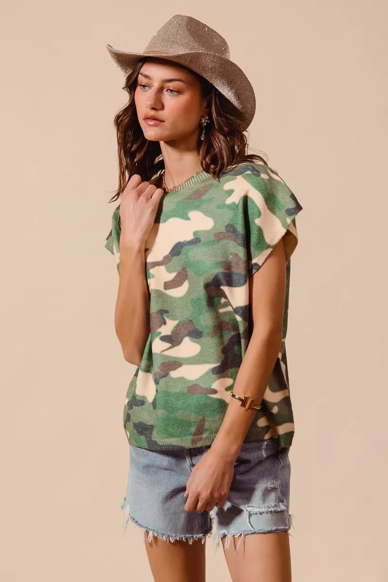 SO ME Camouflage Print Dolman Soft Sweater Top