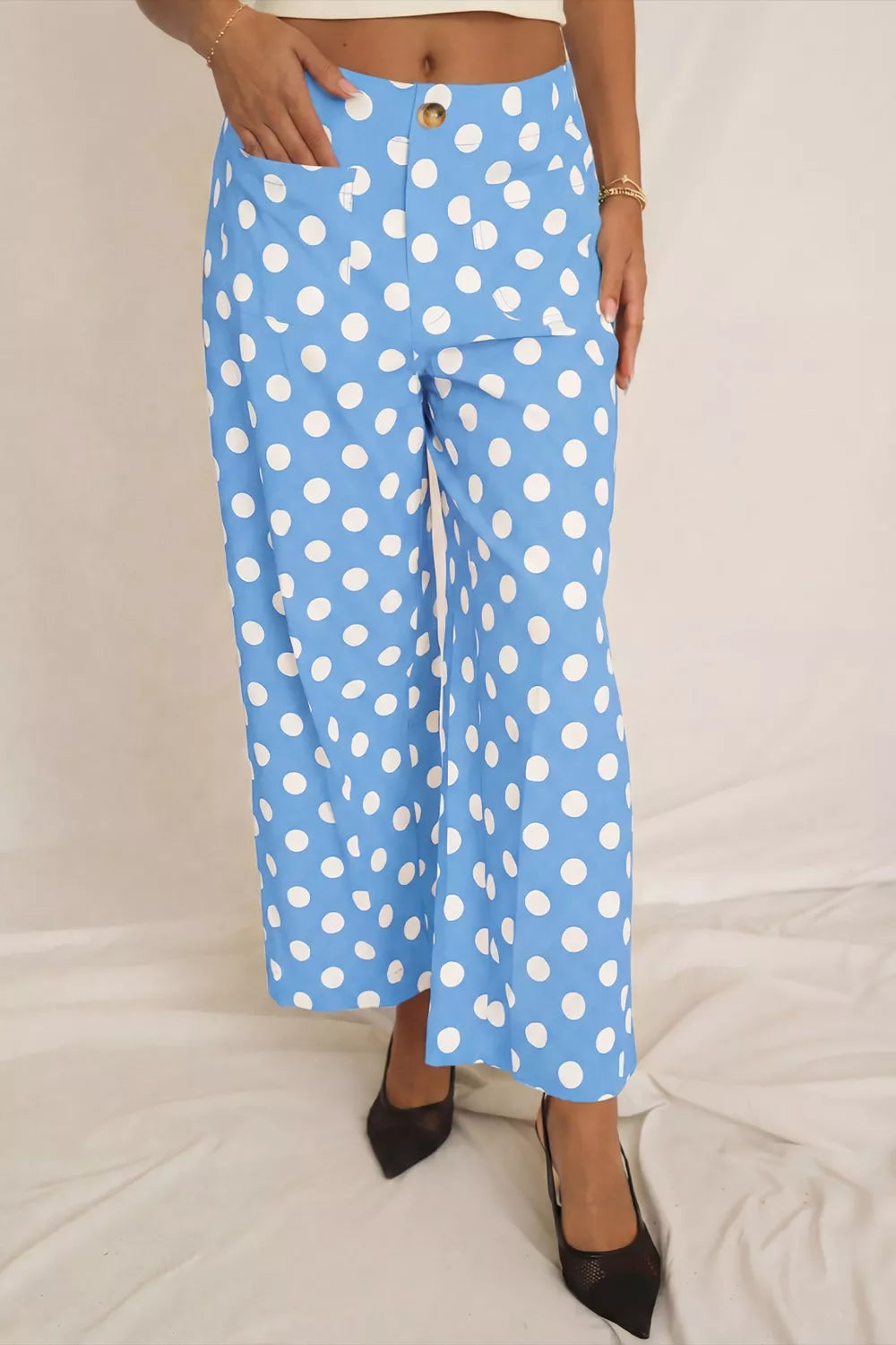 Polka Dot Print Patched Pocket Mid-rise Straight Leg Pants