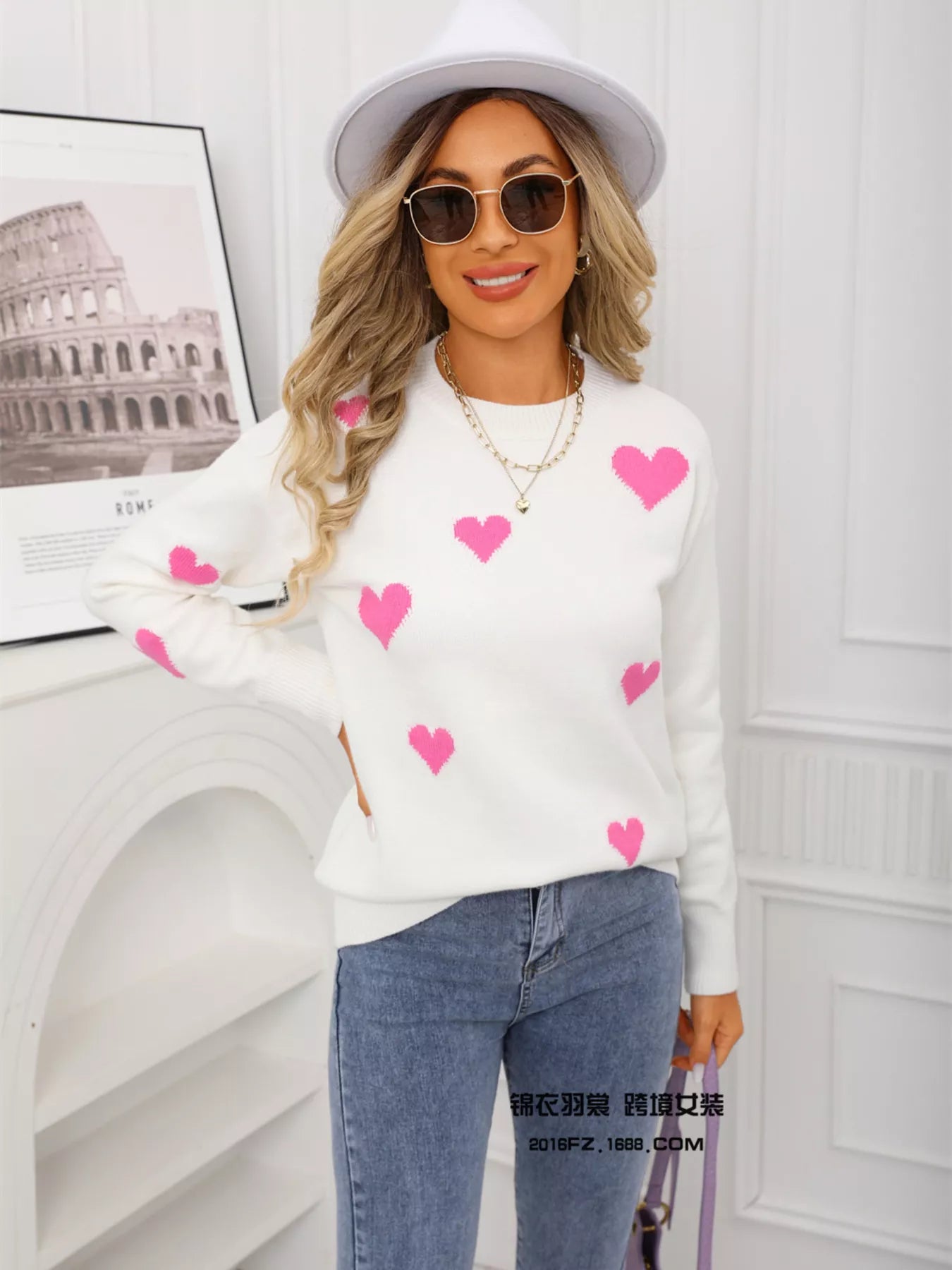 Valentine's Day Heart Print Round Neck Sweater