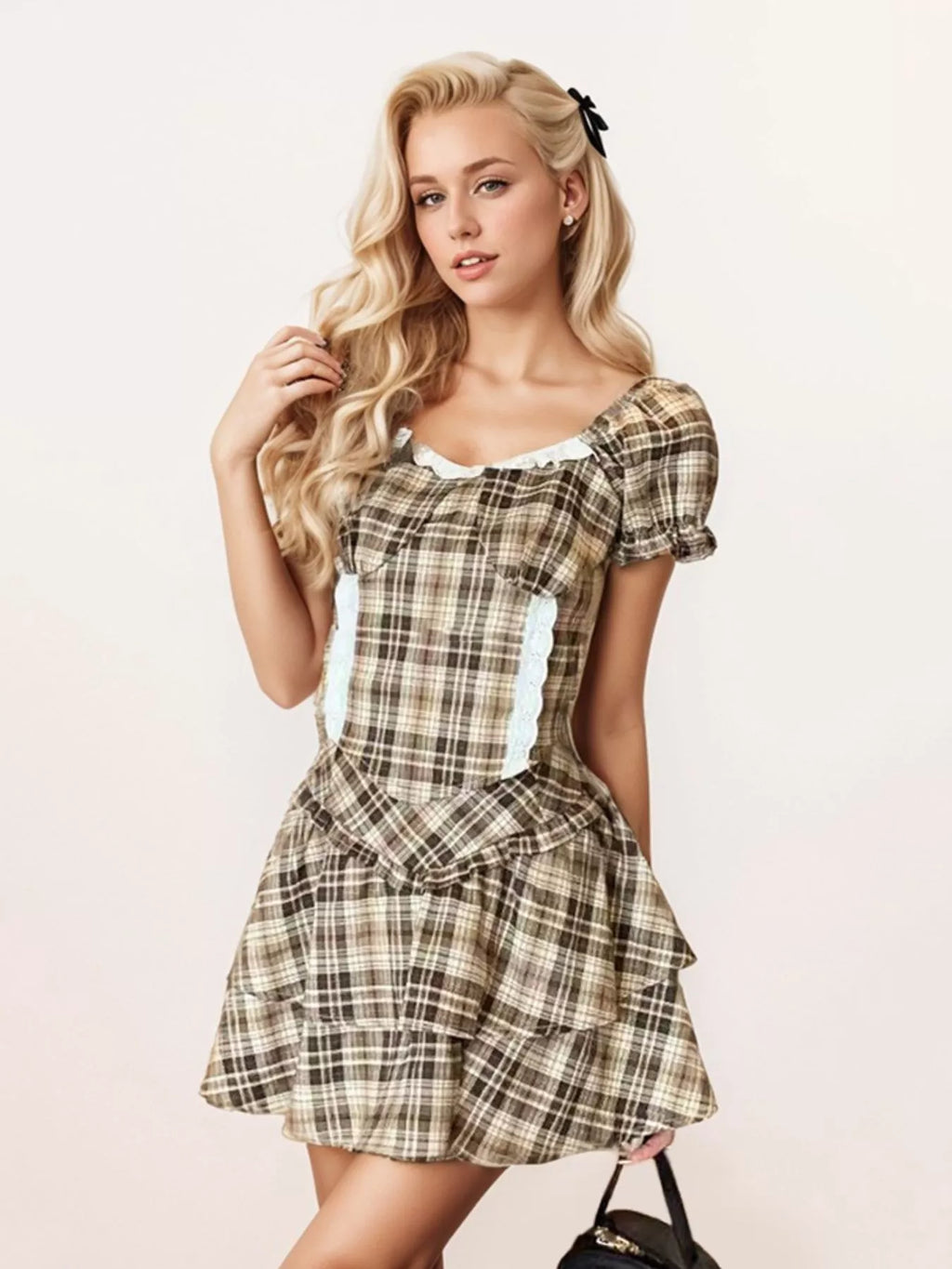 Plaid Puff Sleeve Top and Skirt Set