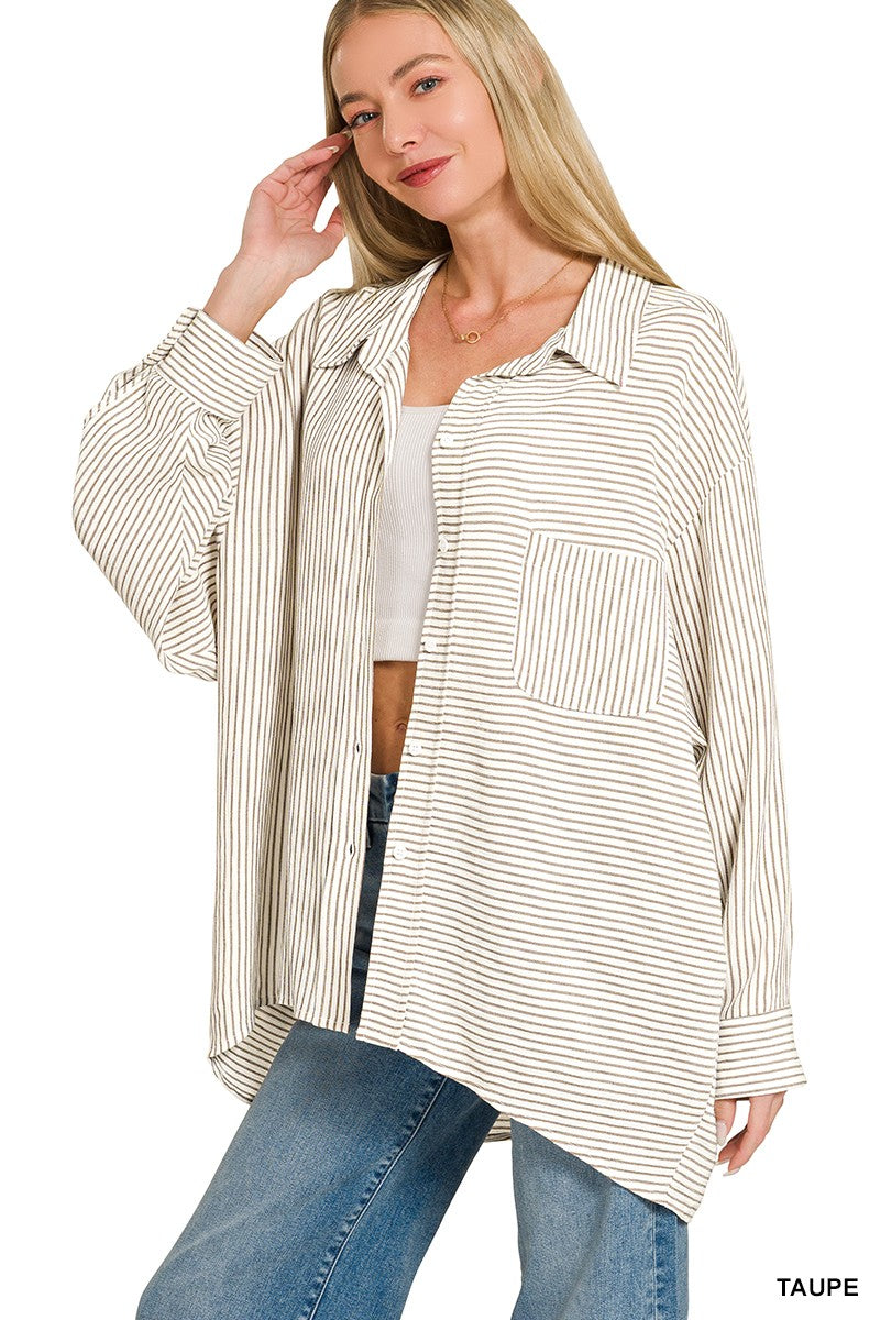 Zenana Woven Stripe Button Down Shirt