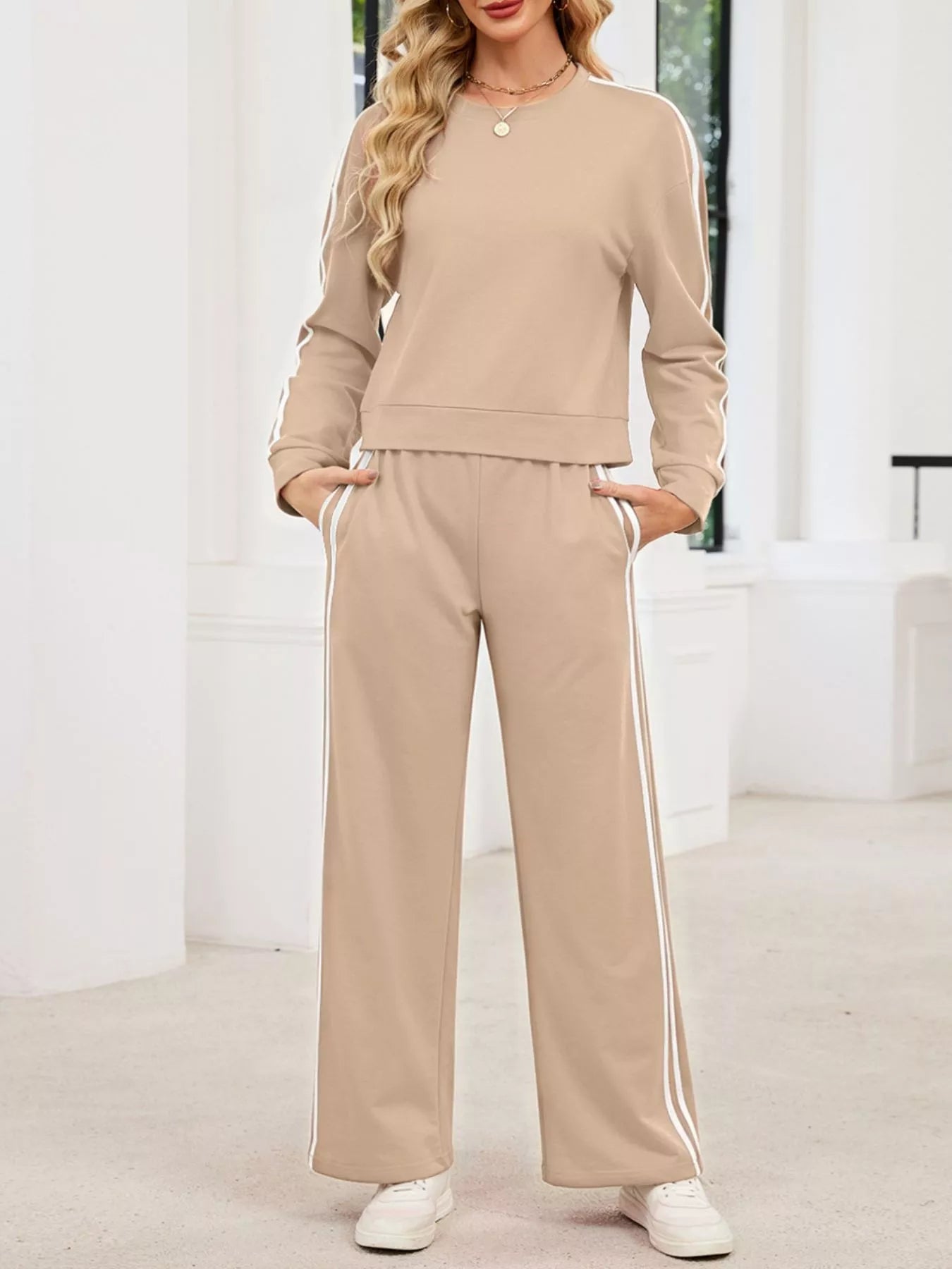 Striped Round Neck Sweatshirt and Pants Set