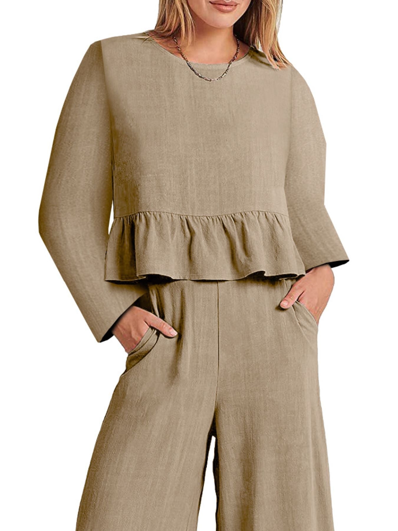 Full Size Ruffled Hem Long Sleeve Top and Pants Set Plus Size