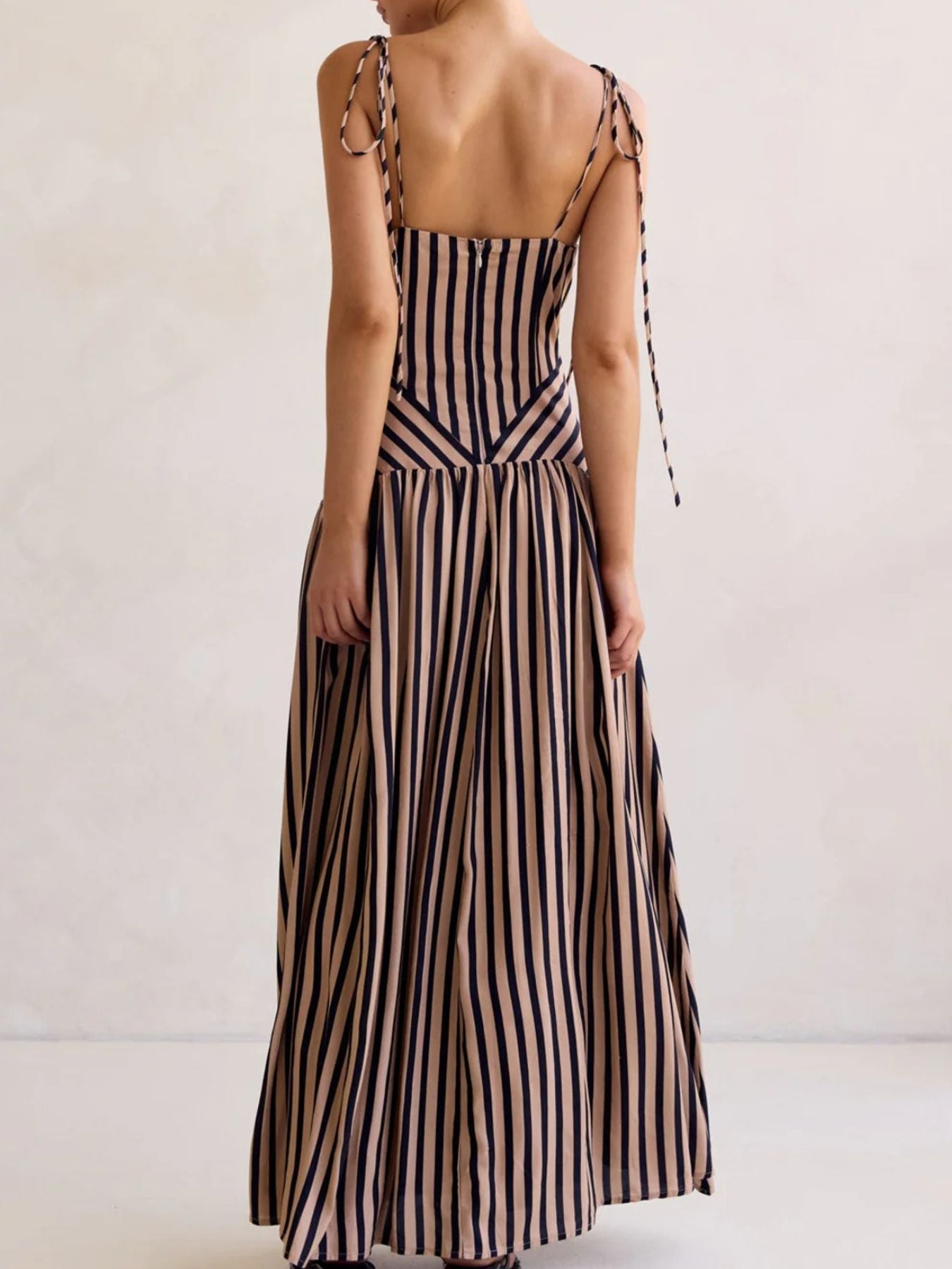 Striped V-Neck Tie-Shoulder Maxi Dress