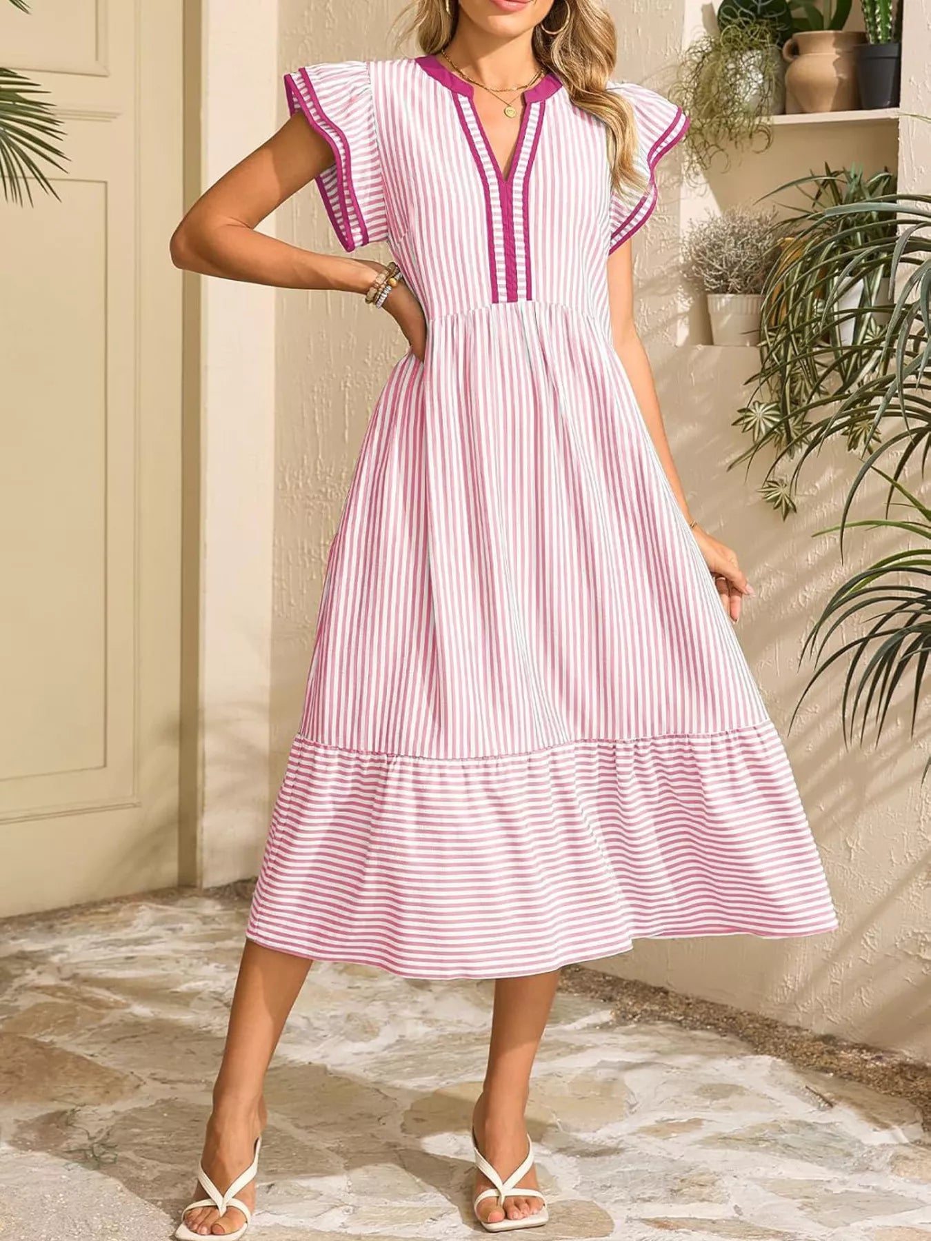 Striped Ruffle Sleeve Midi Dress