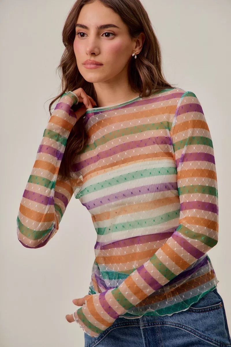 SO ME Mardi Gras Color Stripe Stretch Mesh Top