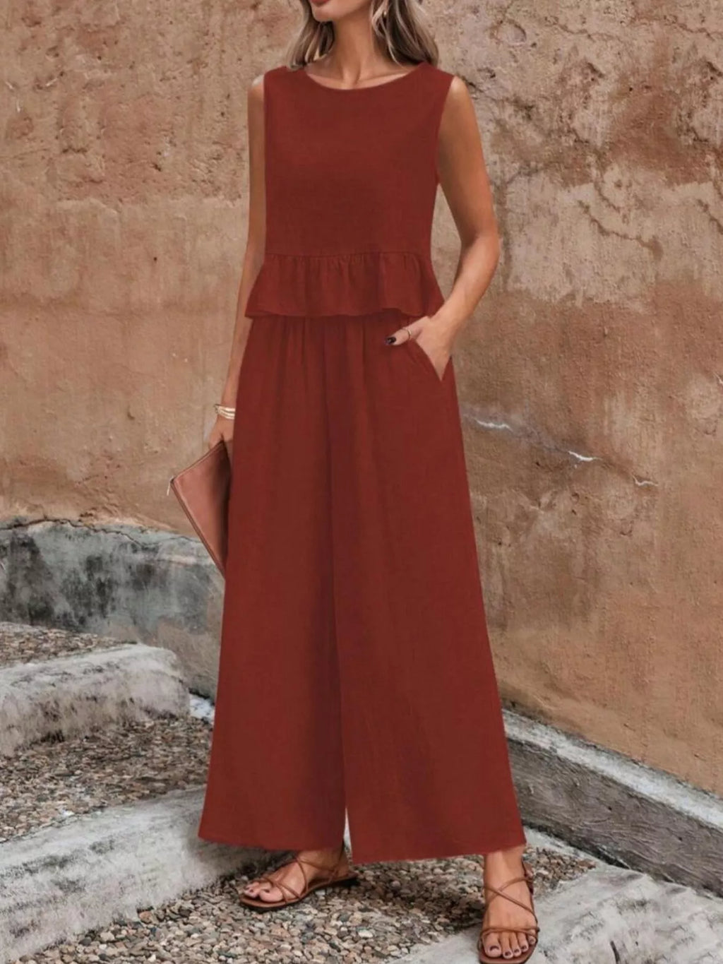 Sleeveless Ruffle Hem Top and Wide Leg Pants Two-Piece Set