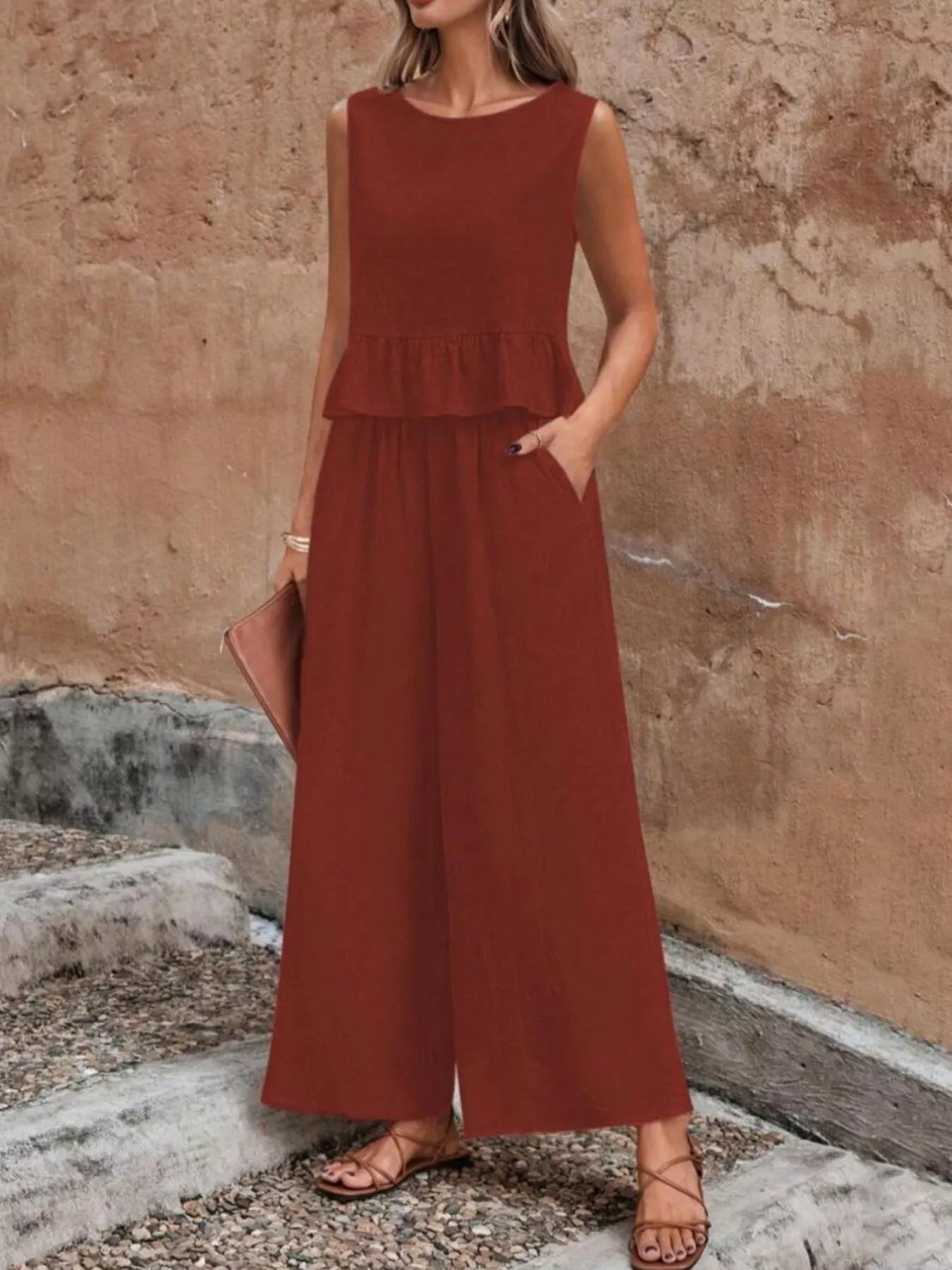 Sleeveless Ruffle Hem Top and Wide Leg Pants Two-Piece Set