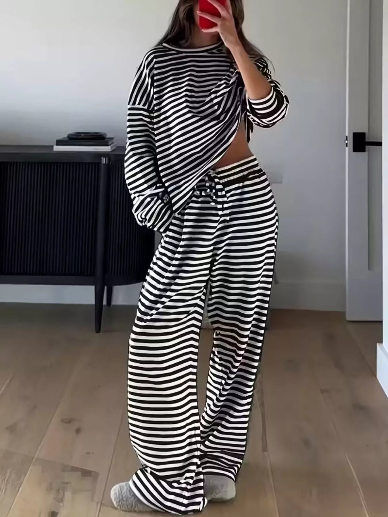 Striped Round Neck Top and Pants Set