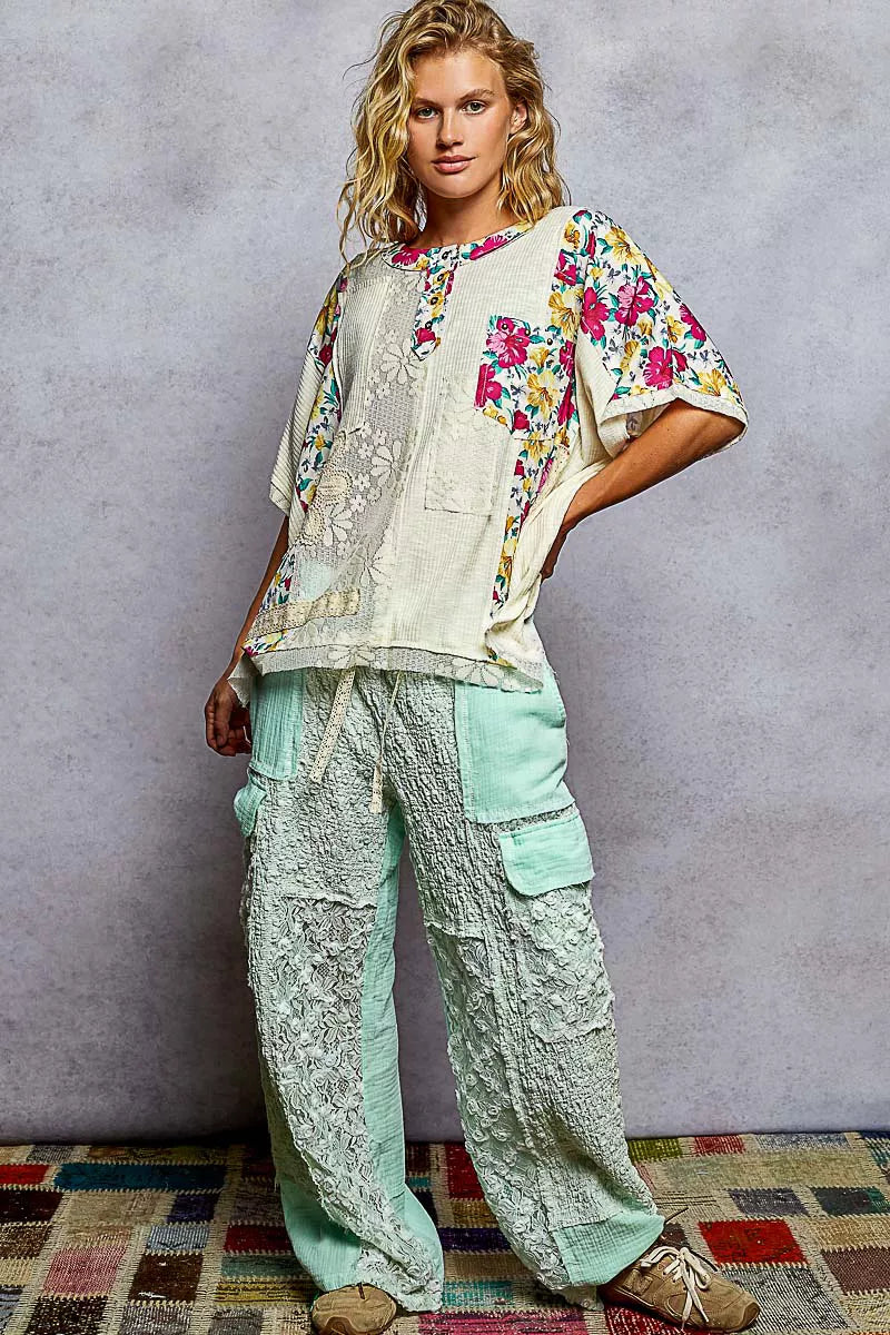 POL Lace Round Neck Short Sleeve Floral Pattern Top with Patch Detail