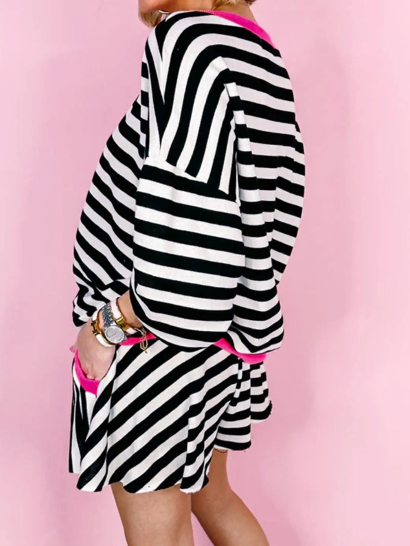 Stripe Contrast Ribbed Banding Long Sleeve Blouse and Loose Shorts Set