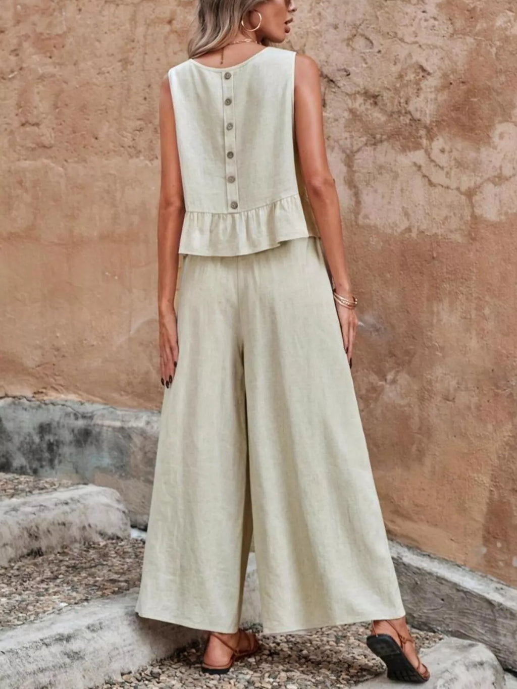 Sleeveless Ruffle Hem Top and Wide Leg Pants Two-Piece Set