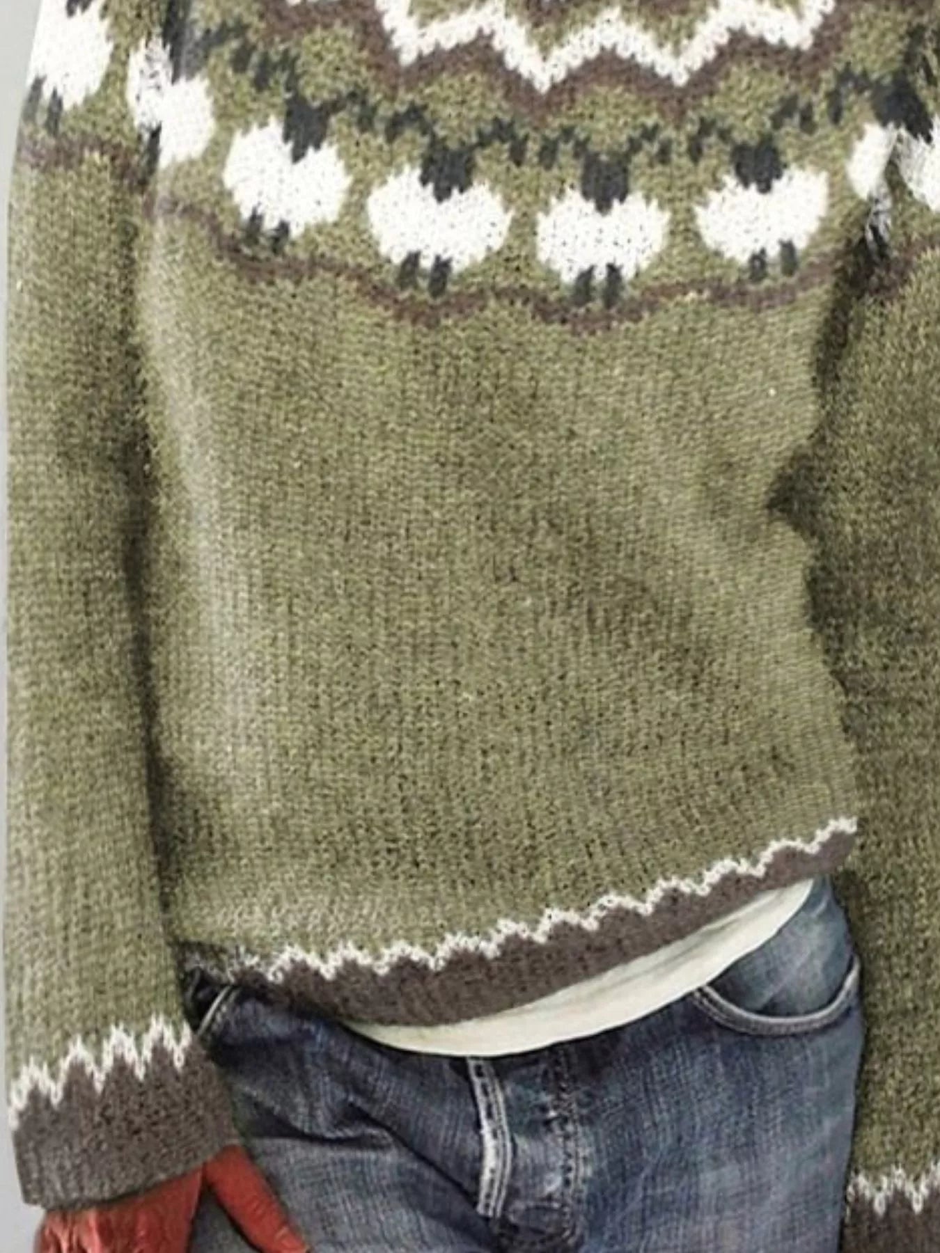 Full Size Vintage Patterned Round Neck Sweater Plus Size