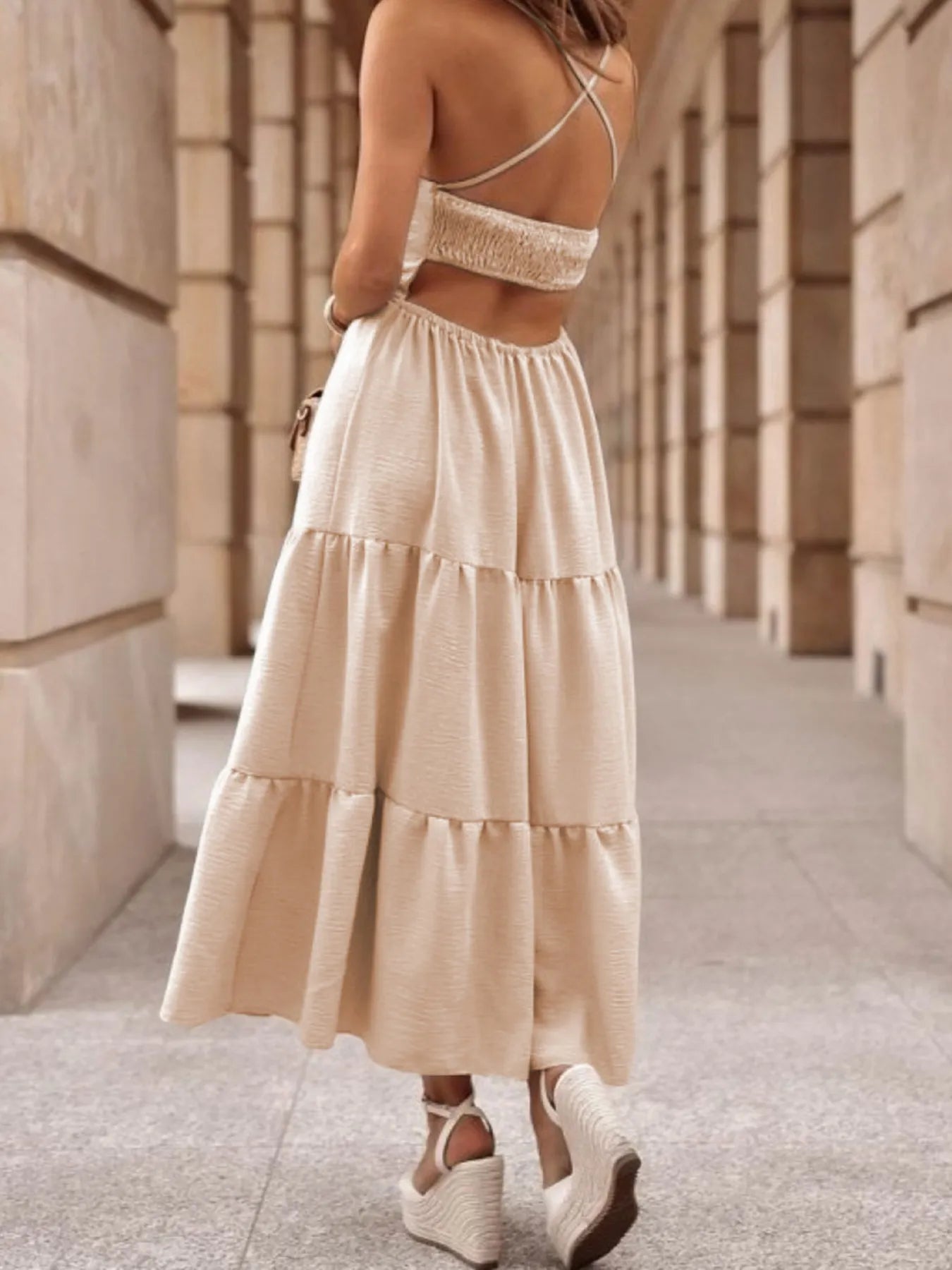 Crossover Backless Bodice Tiered Maxi Dress