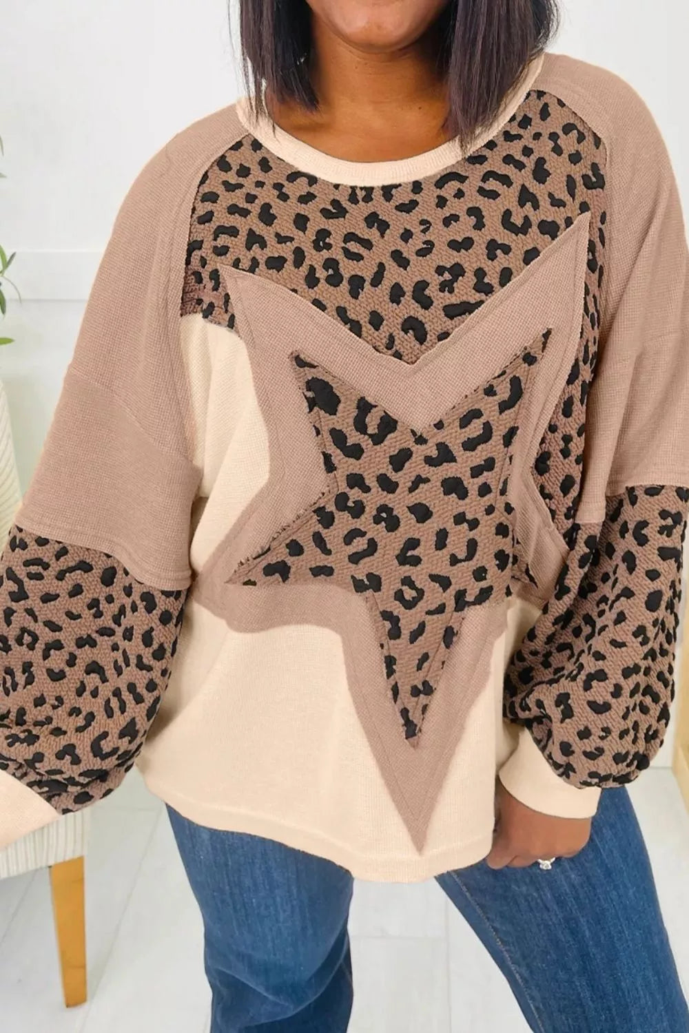 Leopard Star Patchwork Round Neck Sweatshirt