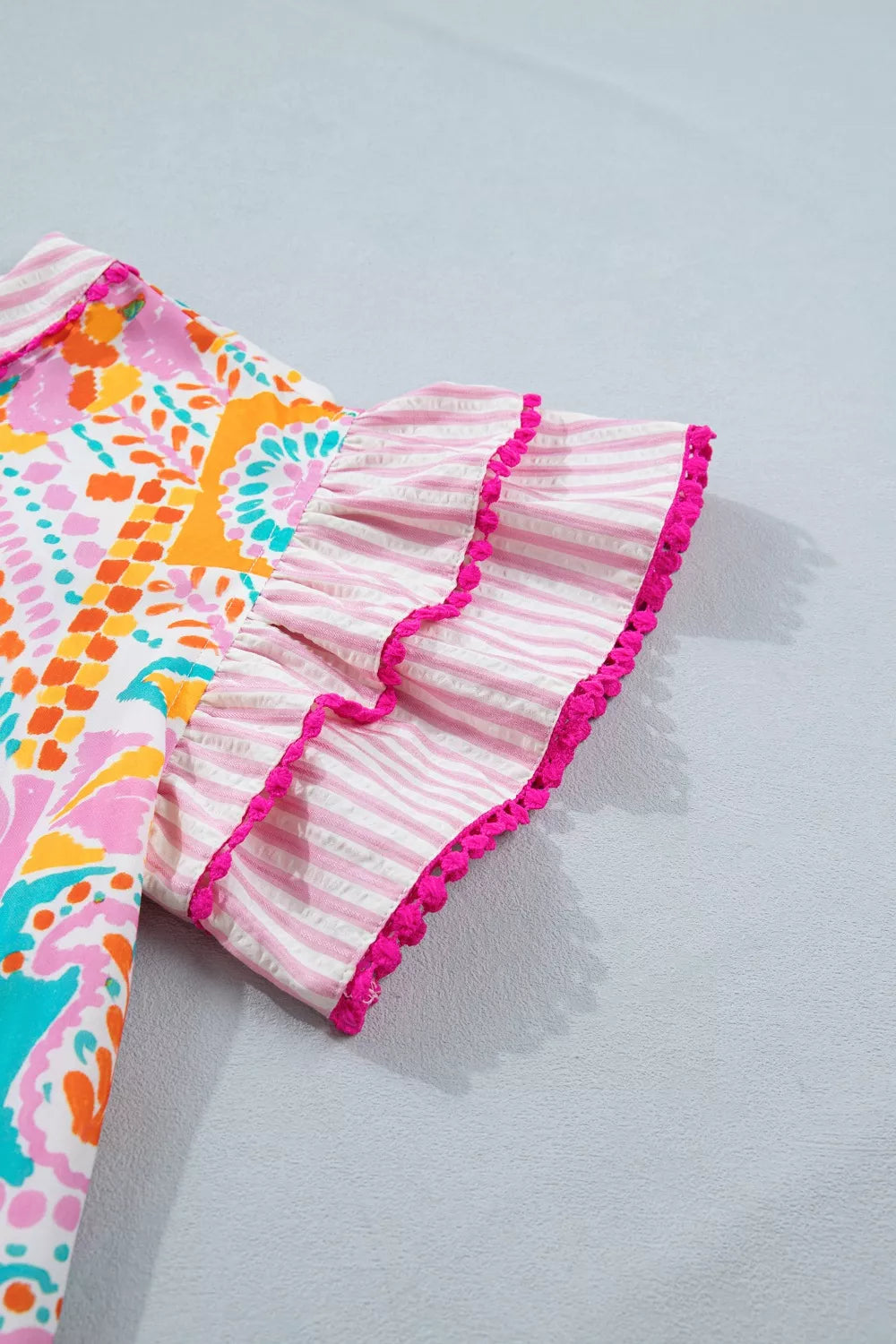 Mixed Print Contrast Trim Striped Patchwork Tiered Short Sleeve Blouse
