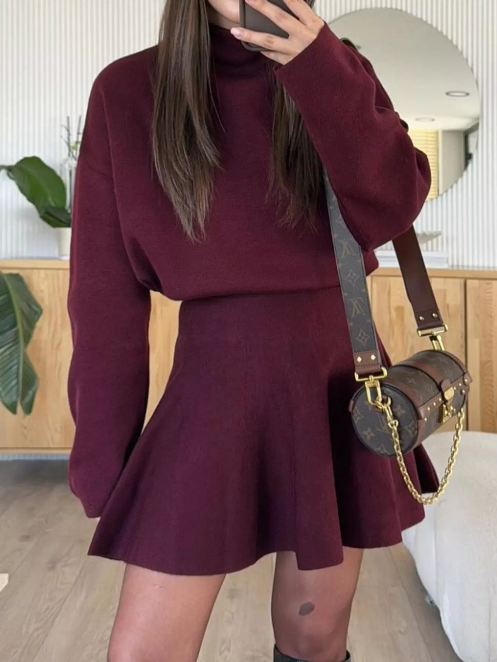 Turtleneck Dropped Shoulder Sweater and Skirt Set