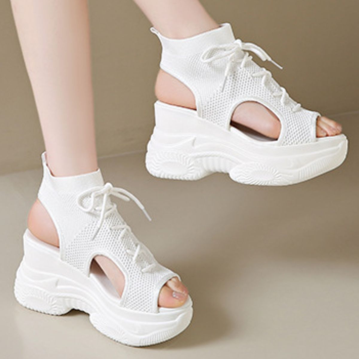 Cutout Mesh Wedge Sandals
