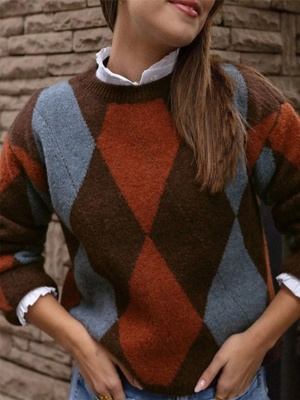 Vintage Argyle Round Neck Sweater