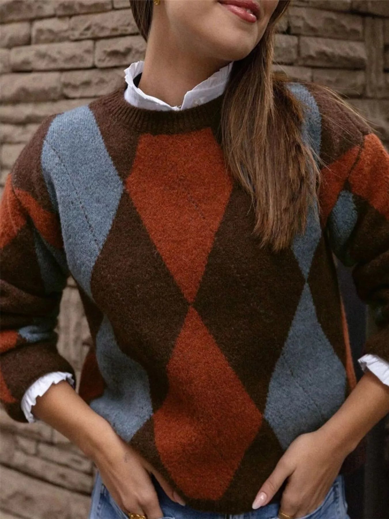 Vintage Argyle Round Neck Sweater