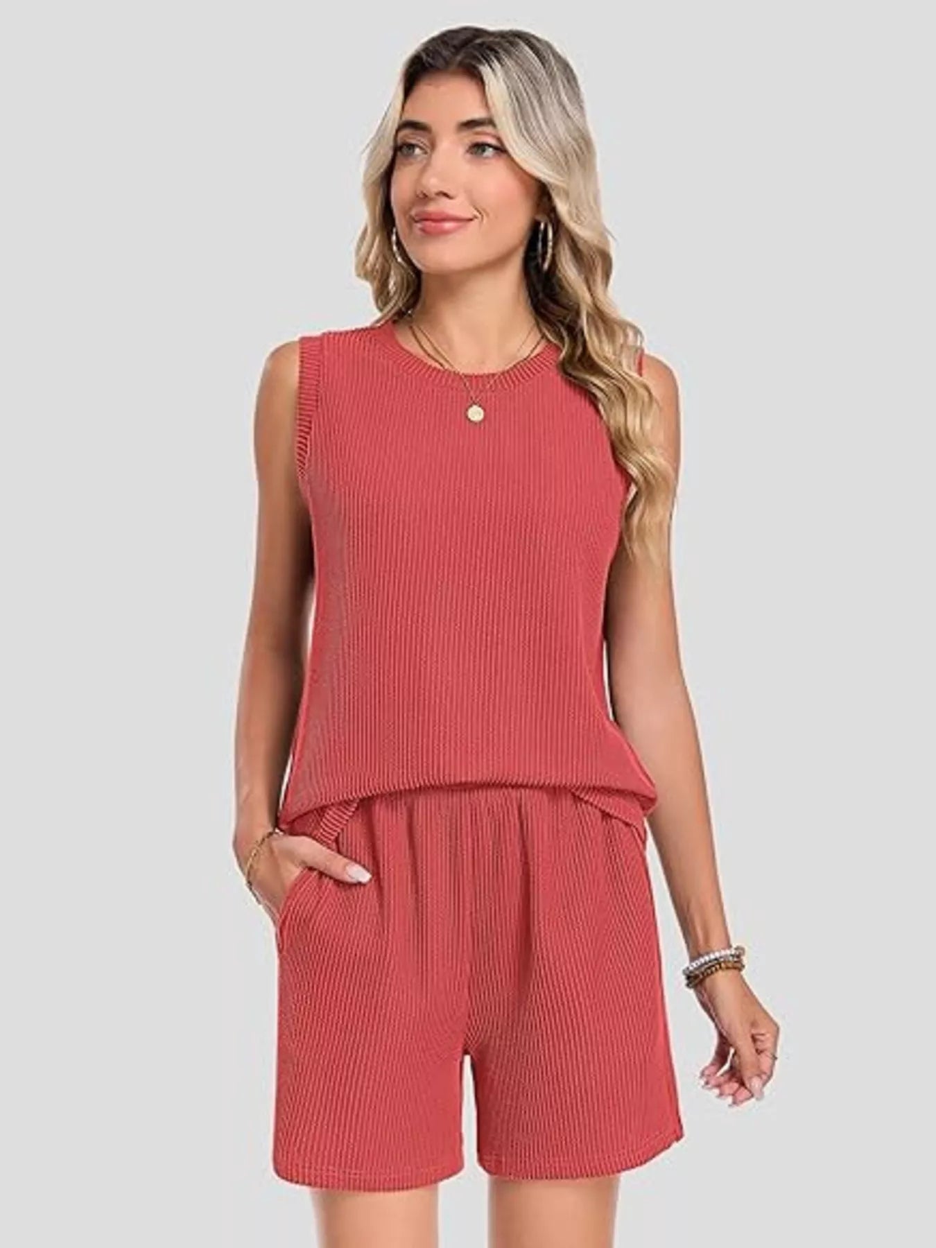 Casual Ribbed Knit Sleeveless Top and Shorts Set