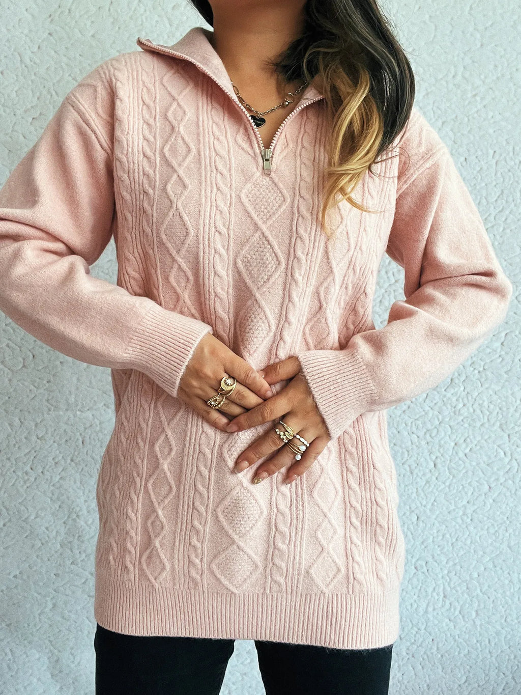 Texture Zip Collar Long Sleeve Sweater