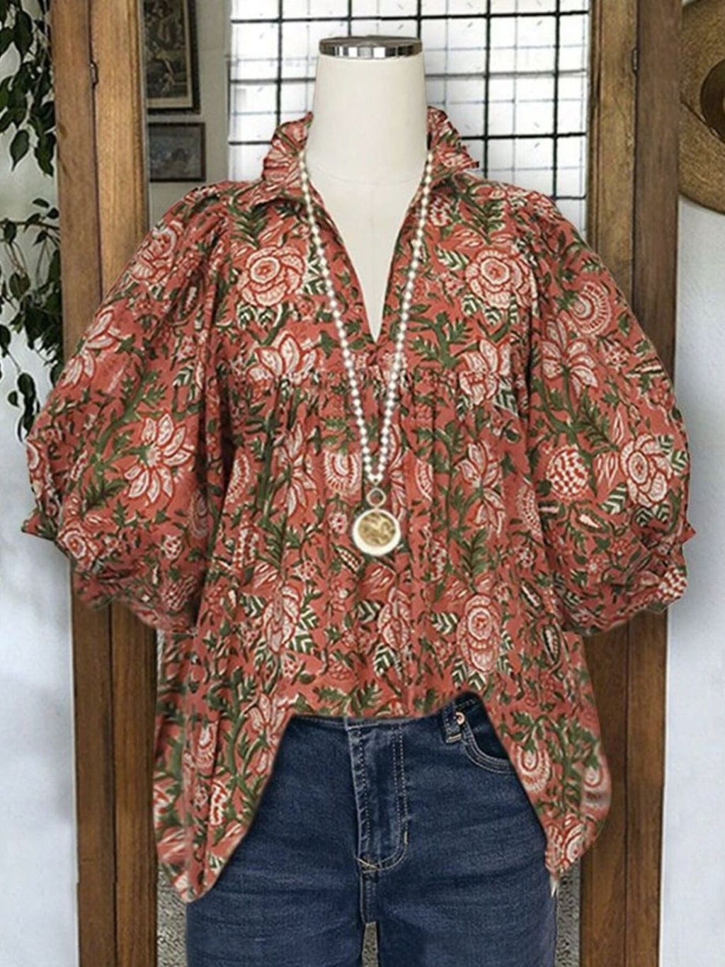 Floral Print Ruffle Neck Half Sleeve Blouse