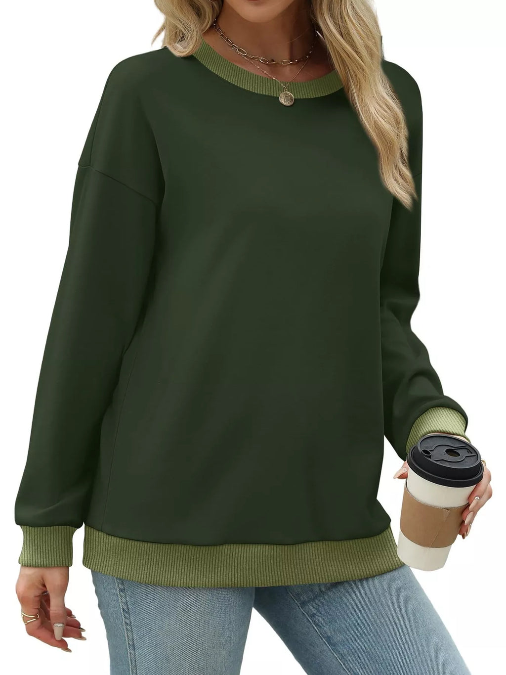 Contrast Trim Crew Neck Casual Sweatshirt