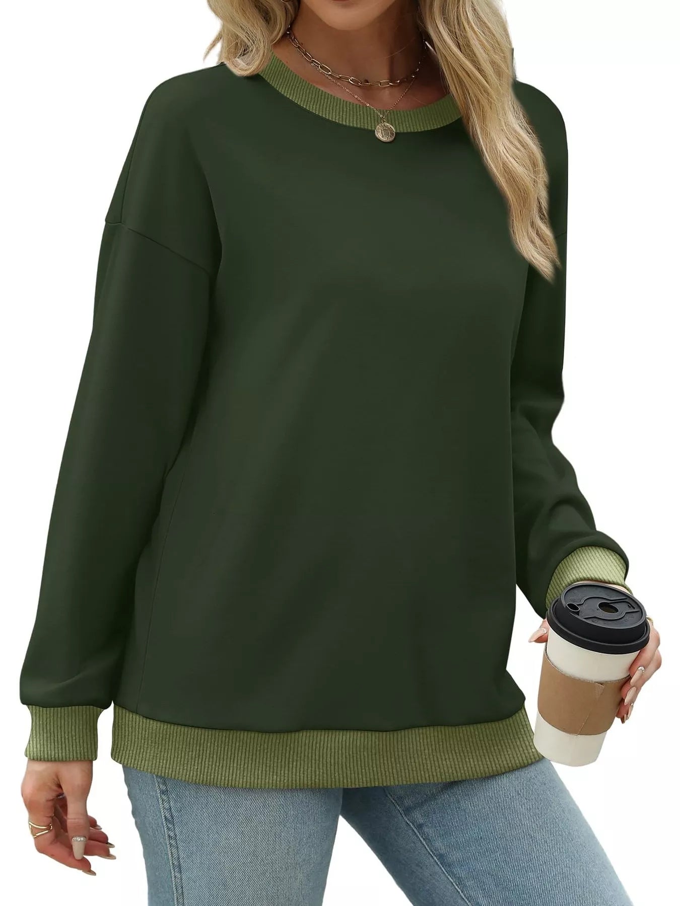 Contrast Trim Crew Neck Casual Sweatshirt
