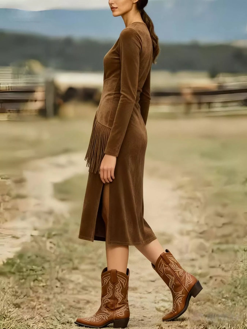Suede Fringe Long Sleeve Midi Dress