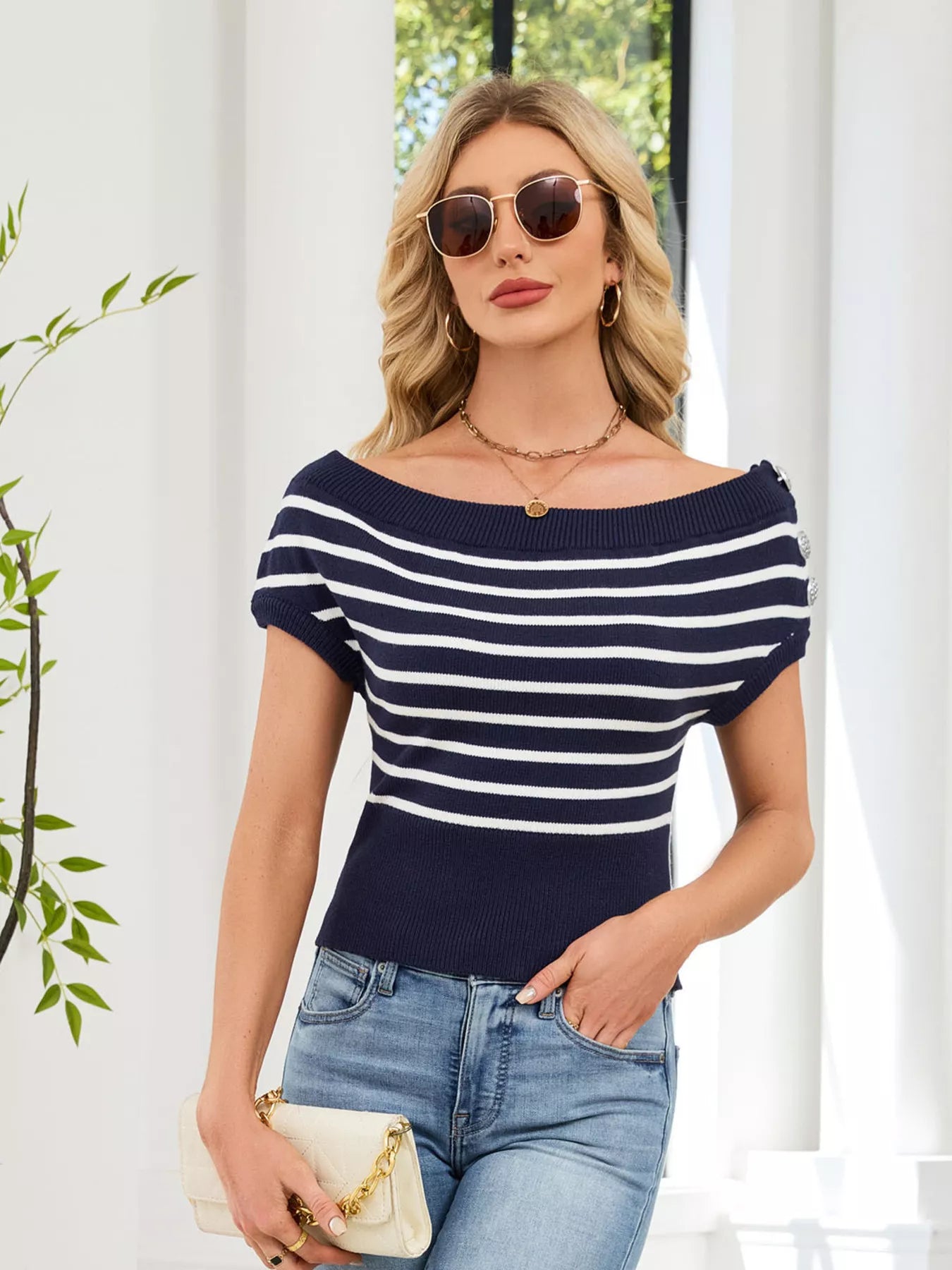 Striped Short Sleeve Sweater