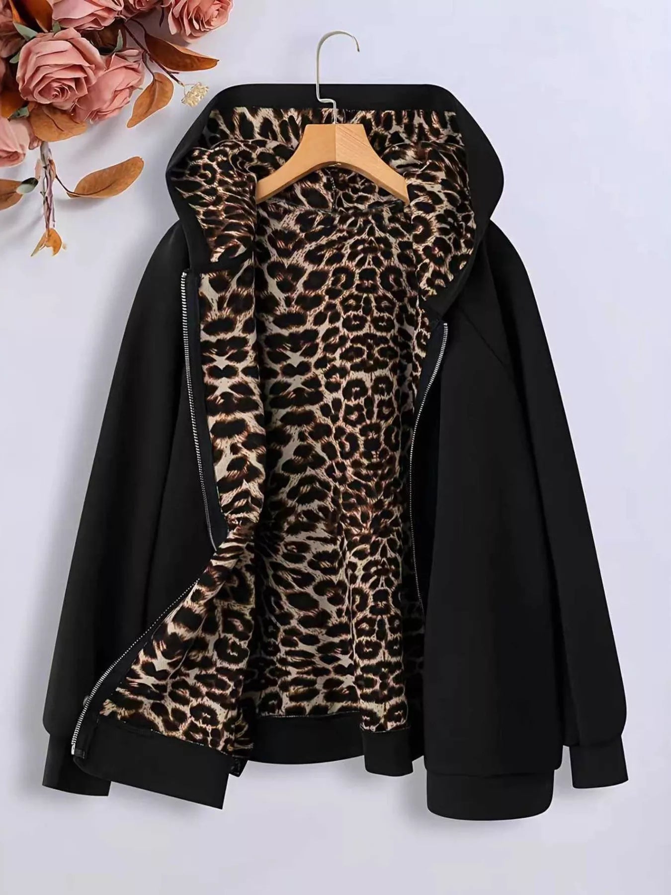 Hooded Leopard Lined Zip-Up Outerwear