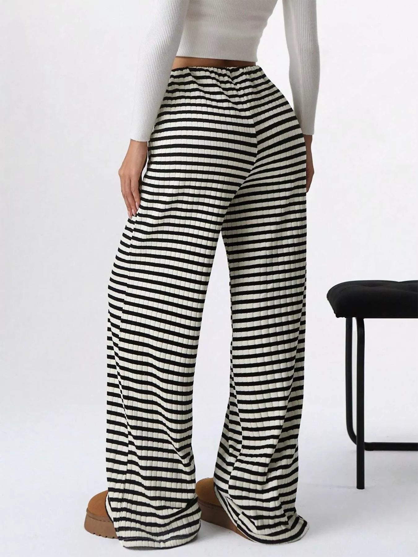 Striped Ribbed Knit Drawstring Waist Wide Leg Pants