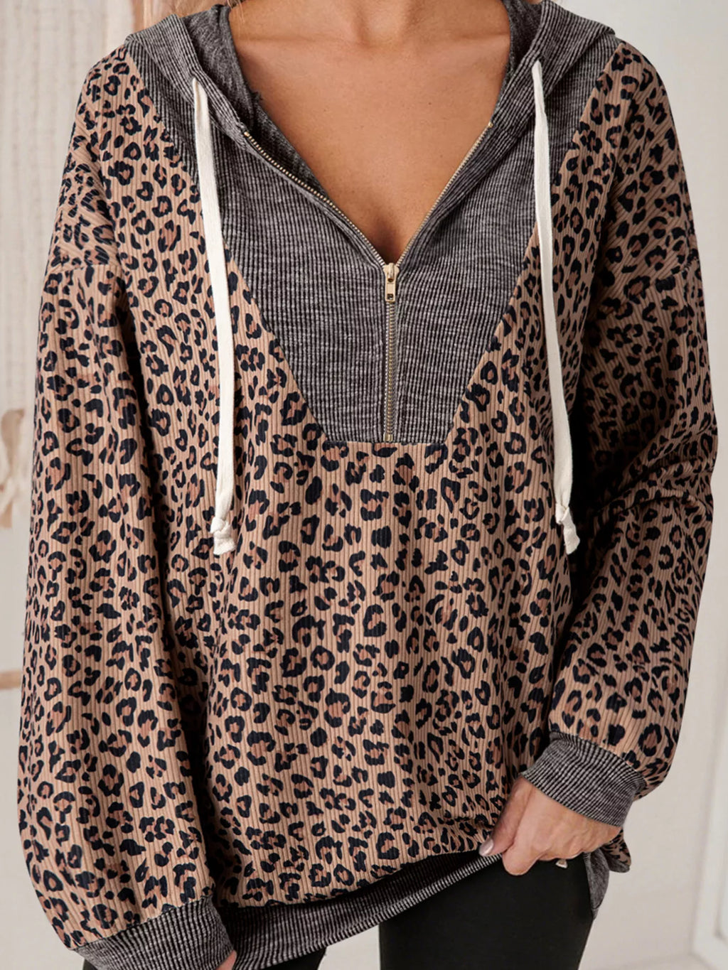 Ribbed Leopard Print Contrast Collar Zip Hoodie