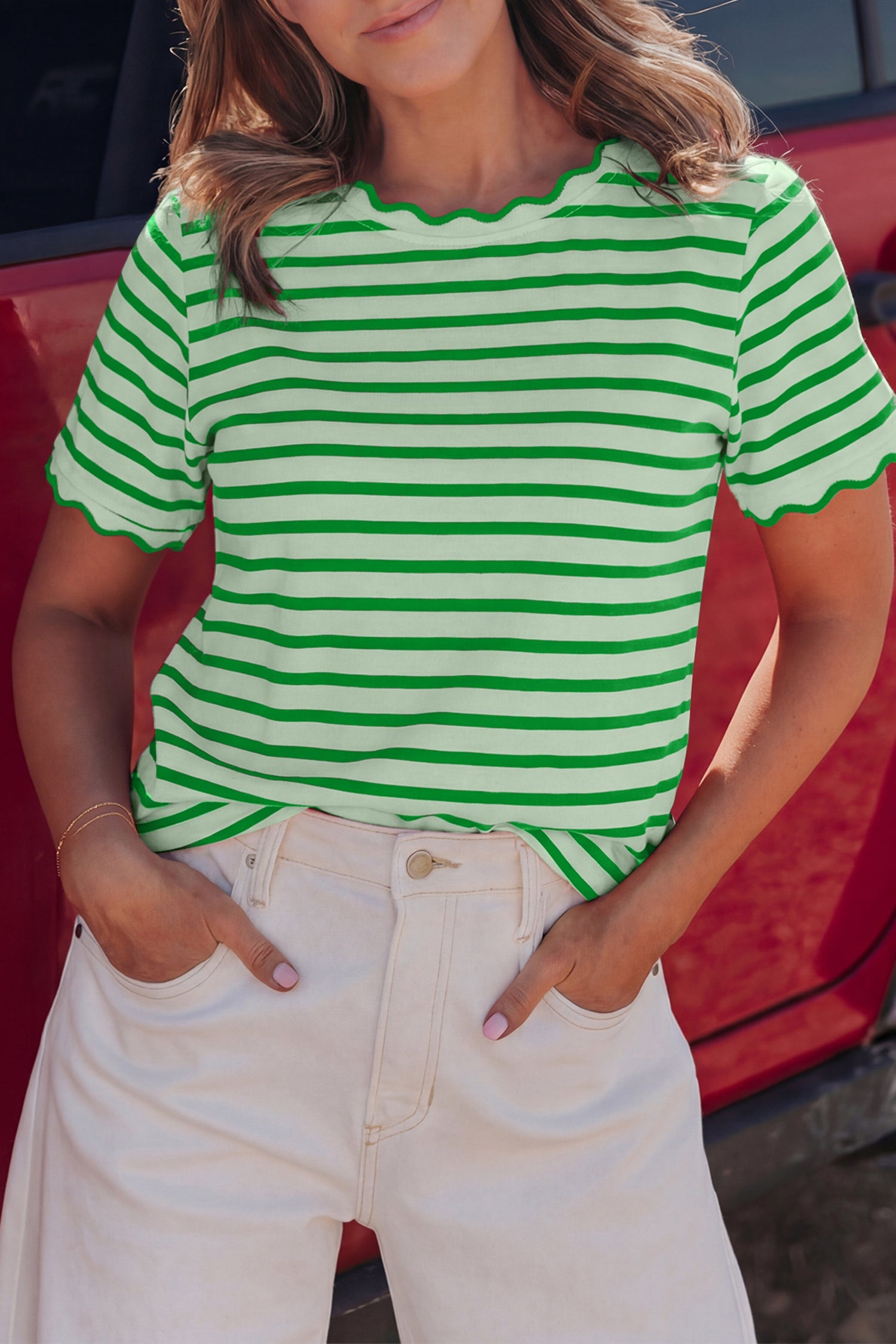 Stripe Scallop Trim Round Neck T-Shirt