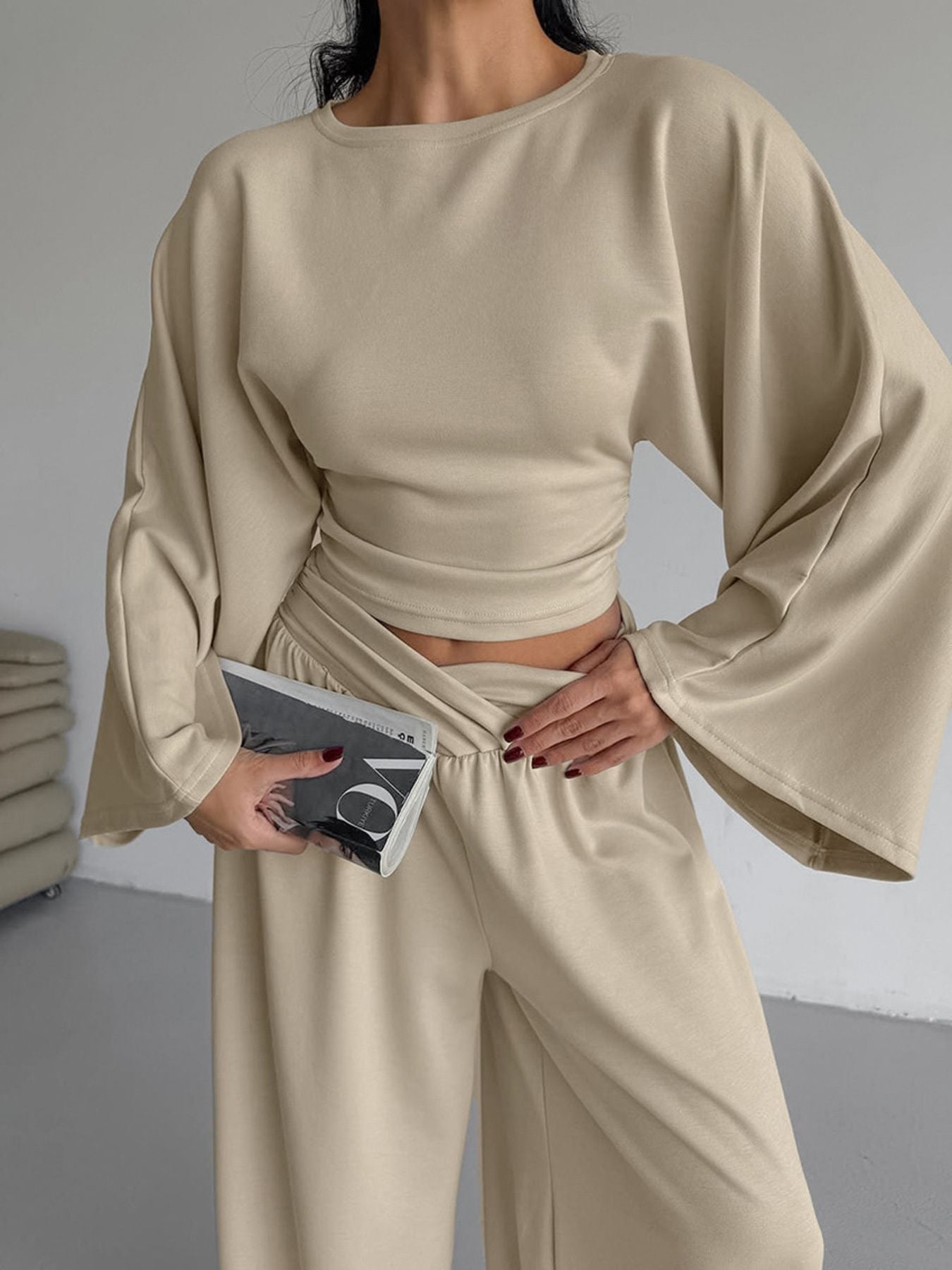 Round Neck Top and Wide Leg Pants Set